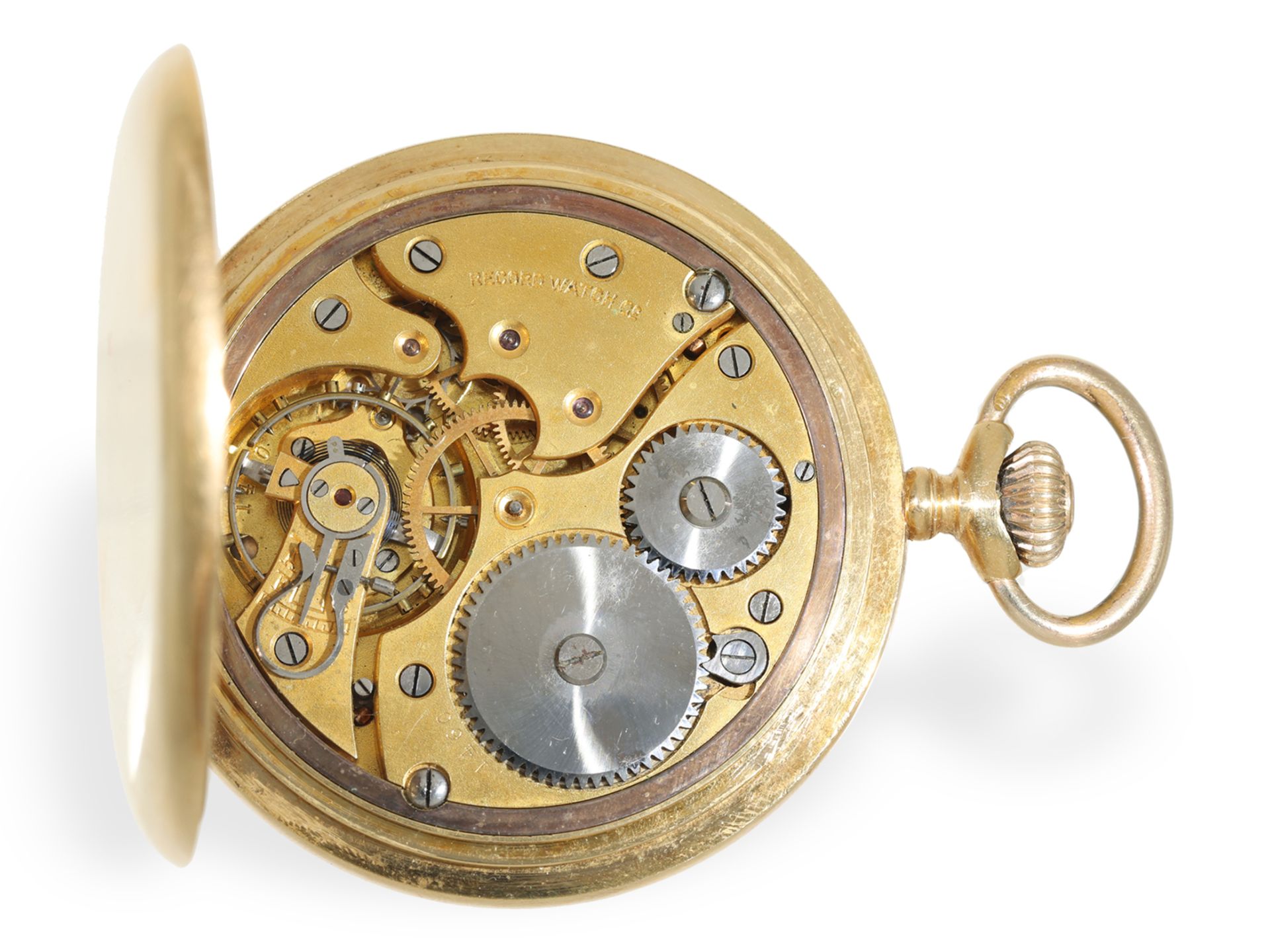 Taschenuhr: feine Goldsavonnette mit Präzisionswerk und goldener Uhrenkette, Record Watch um 1920 - Bild 3 aus 8