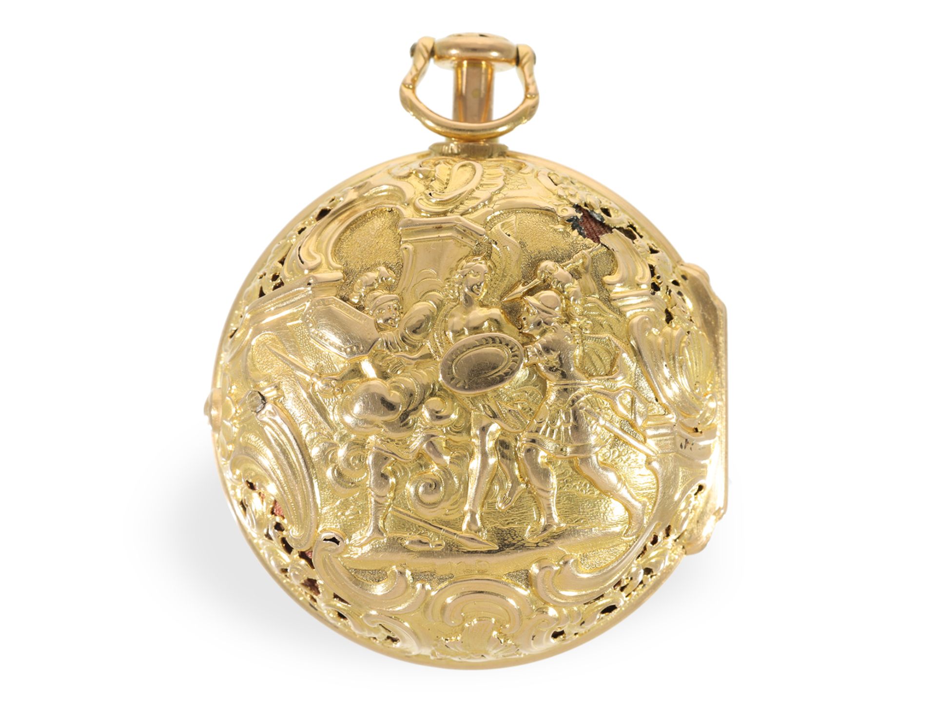 Important, museum-quality gold/enamel repoussé pocket watch with half-quarter repeater, A. Benson Lo - Image 3 of 15