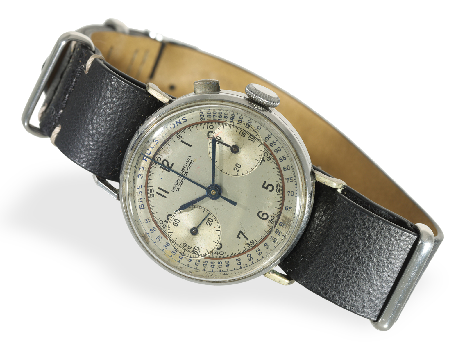 Wristwatch: rare, early Girard Perregaux chronograph with pulsometer scale, ca. 1940