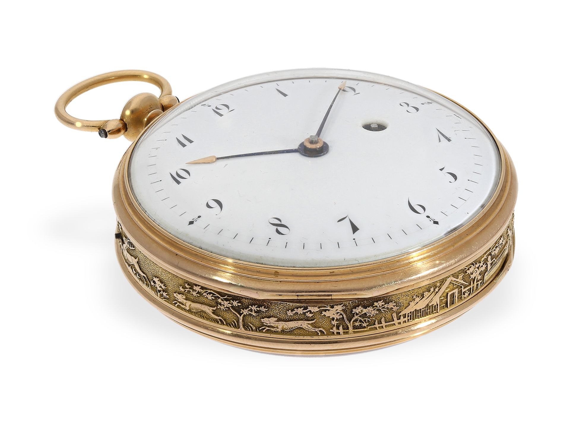 Taschenuhr: große, einzigartige Gold/Emaille-Taschenuhr mit Musikspielwerk, vermutlich Genf um 1800 - Bild 9 aus 9