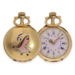 Taschenuhr: seltene Art Nouveau Gold/Emaille-Damenuhr mit Darstellung der Göttin Athena, Le Coultre 