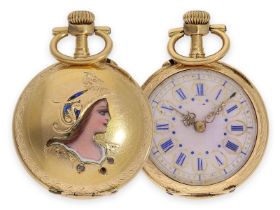 Taschenuhr: seltene Art Nouveau Gold/Emaille-Damenuhr mit Darstellung der Göttin Athena, Le Coultre