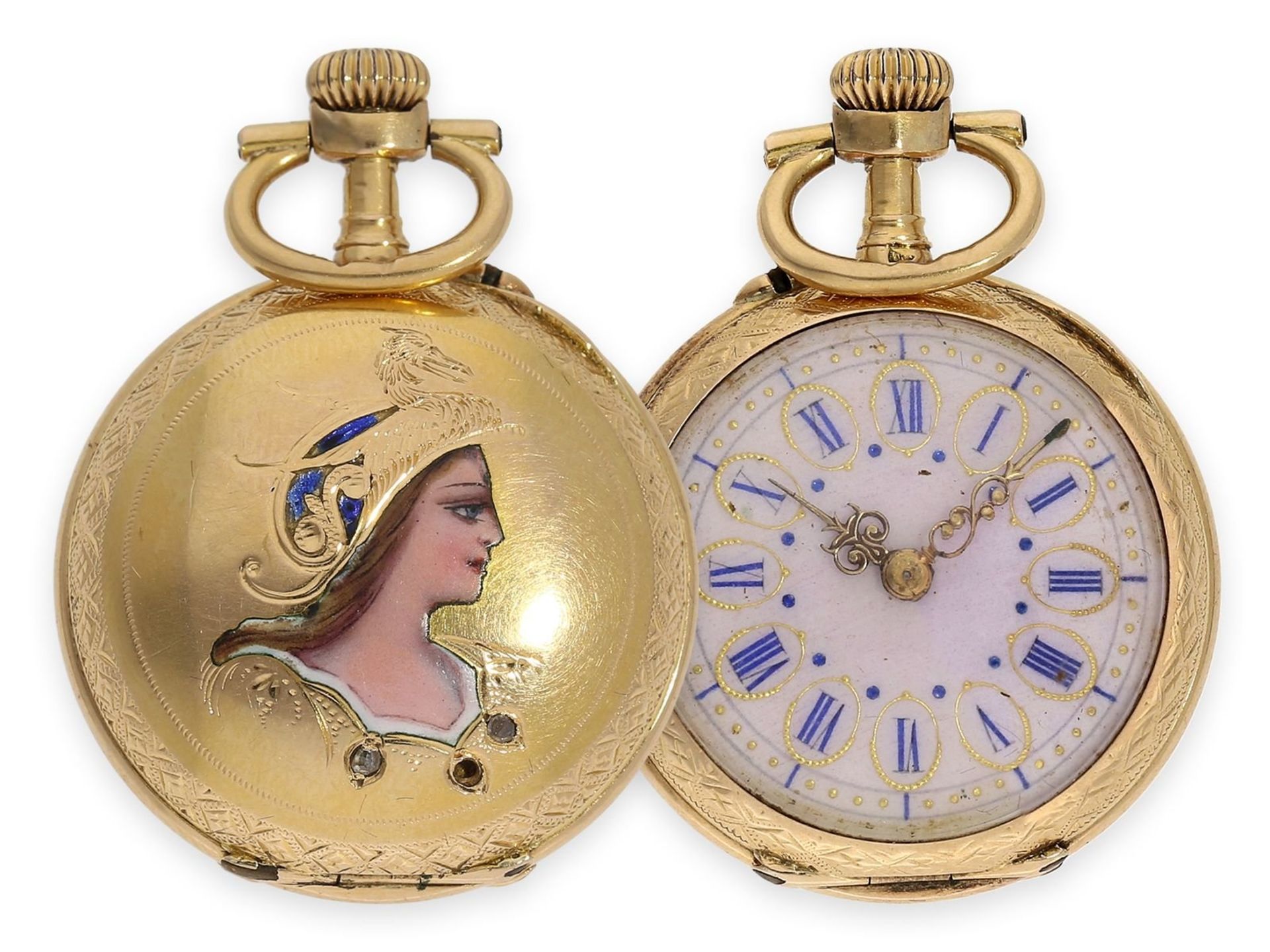 Taschenuhr: seltene Art Nouveau Gold/Emaille-Damenuhr mit Darstellung der Göttin Athena, Le Coultre 