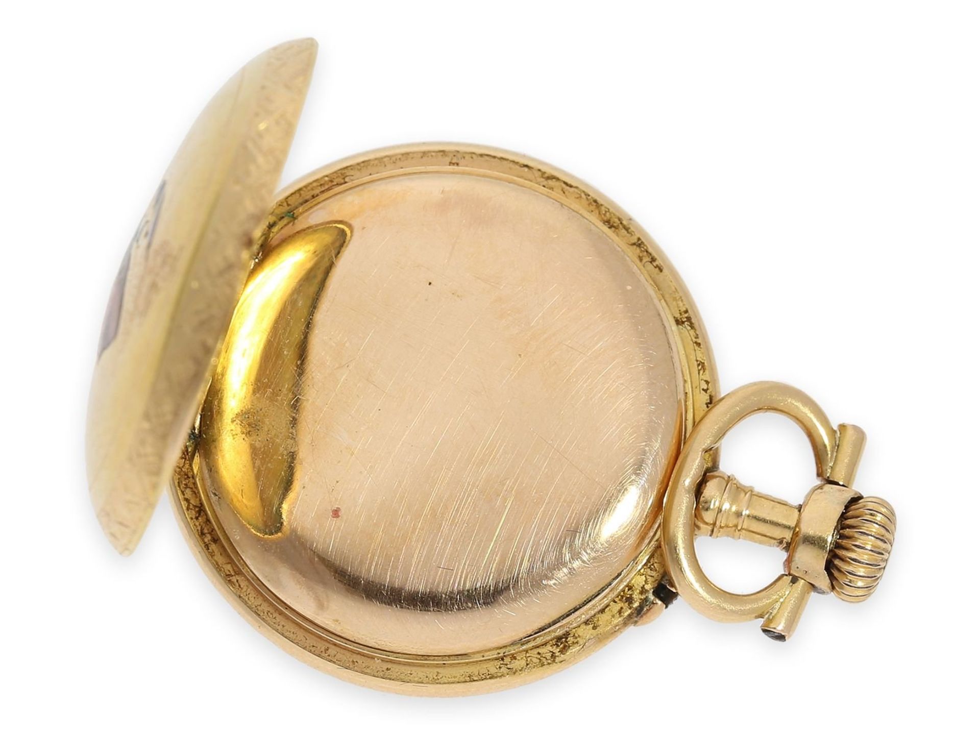 Taschenuhr: seltene Art Nouveau Gold/Emaille-Damenuhr mit Darstellung der Göttin Athena, Le Coultre  - Bild 4 aus 4