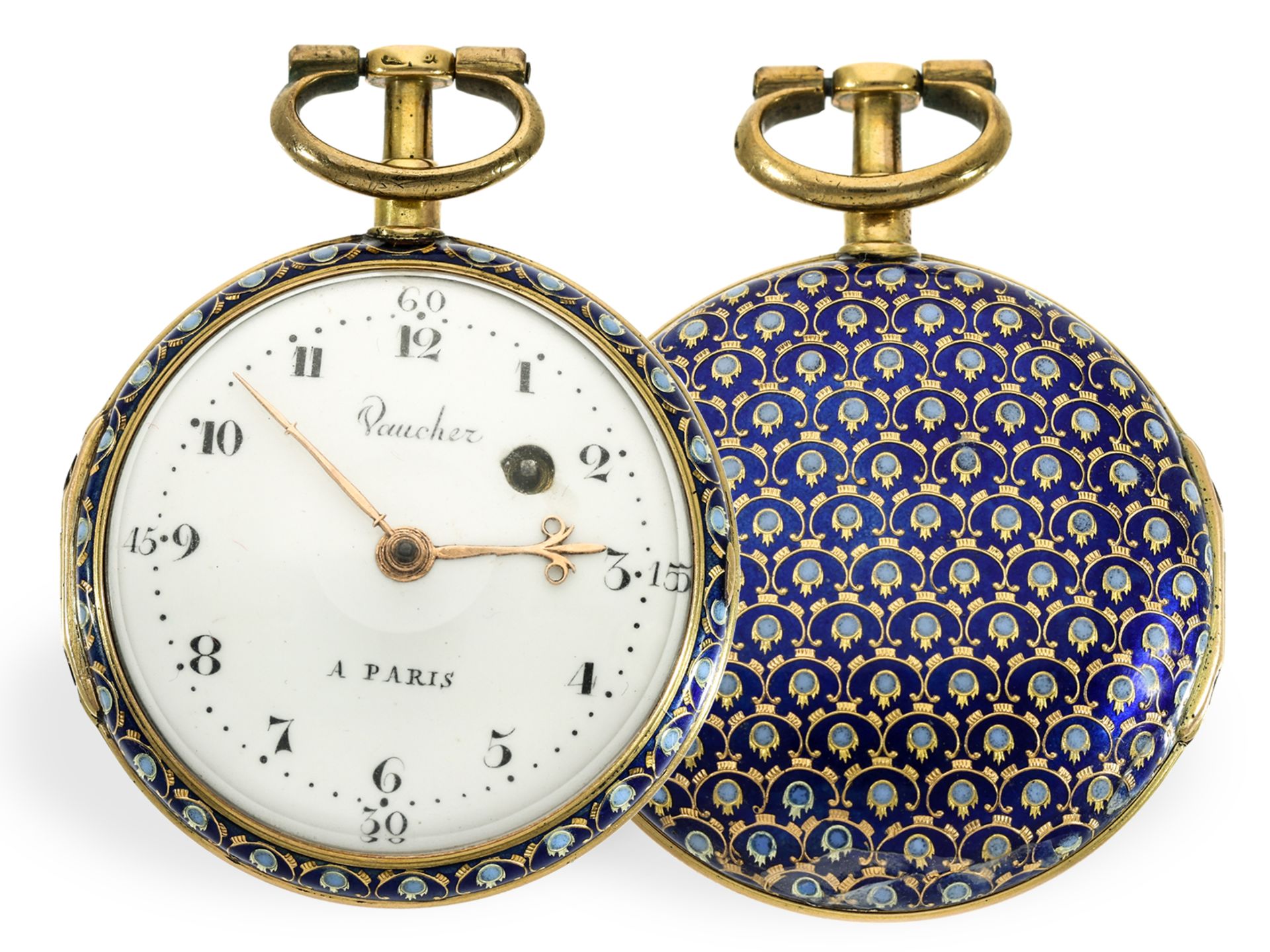 Taschenuhr: feine Gold/Emaille Spindeluhr mit Paillone Emaille, Vaucher Paris um 1780