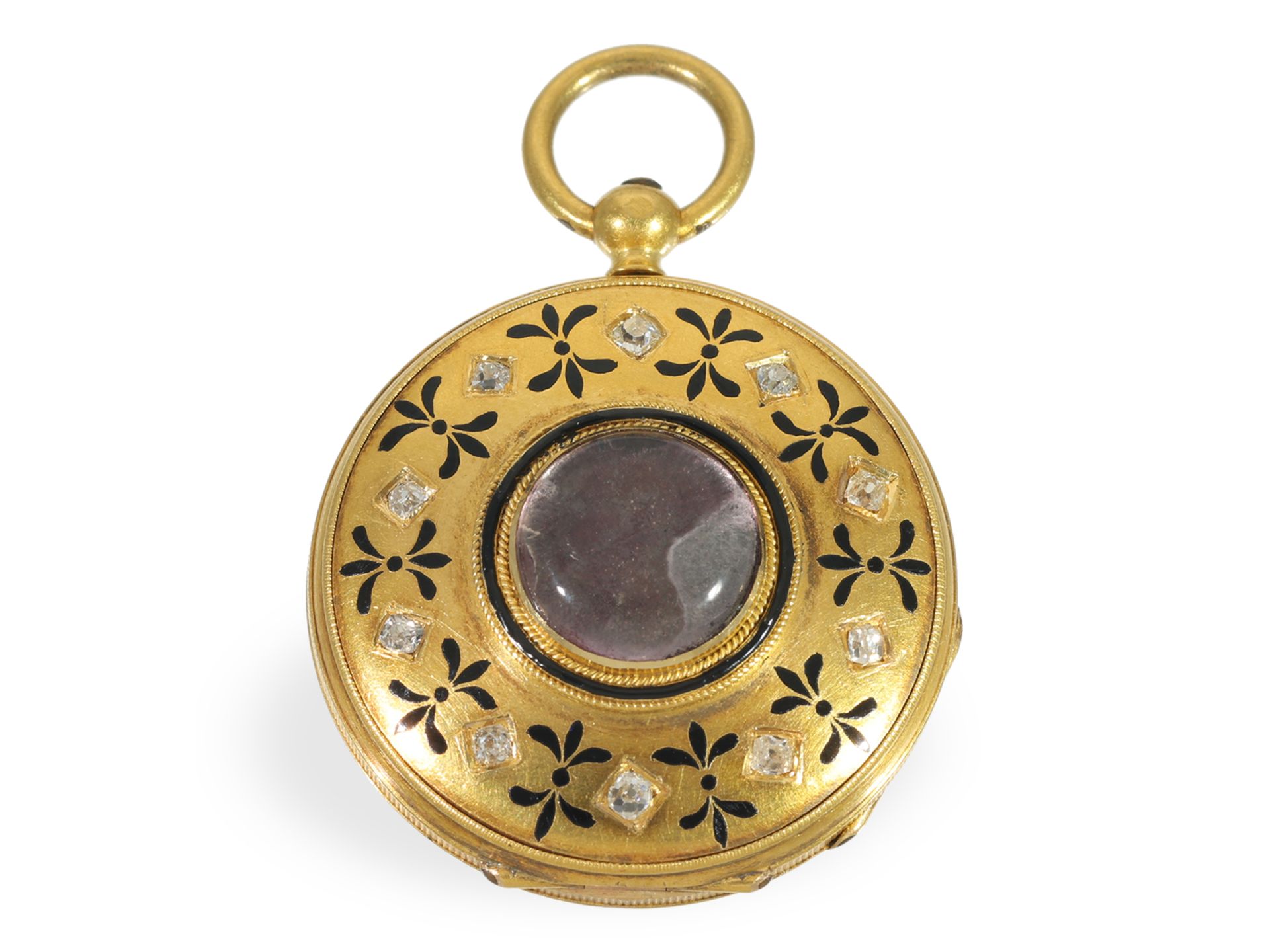 Pendant watch: extremely rare gold/enamel chatelaine watch "Etruscan Revival", Mellerio dits Meller  - Image 3 of 7