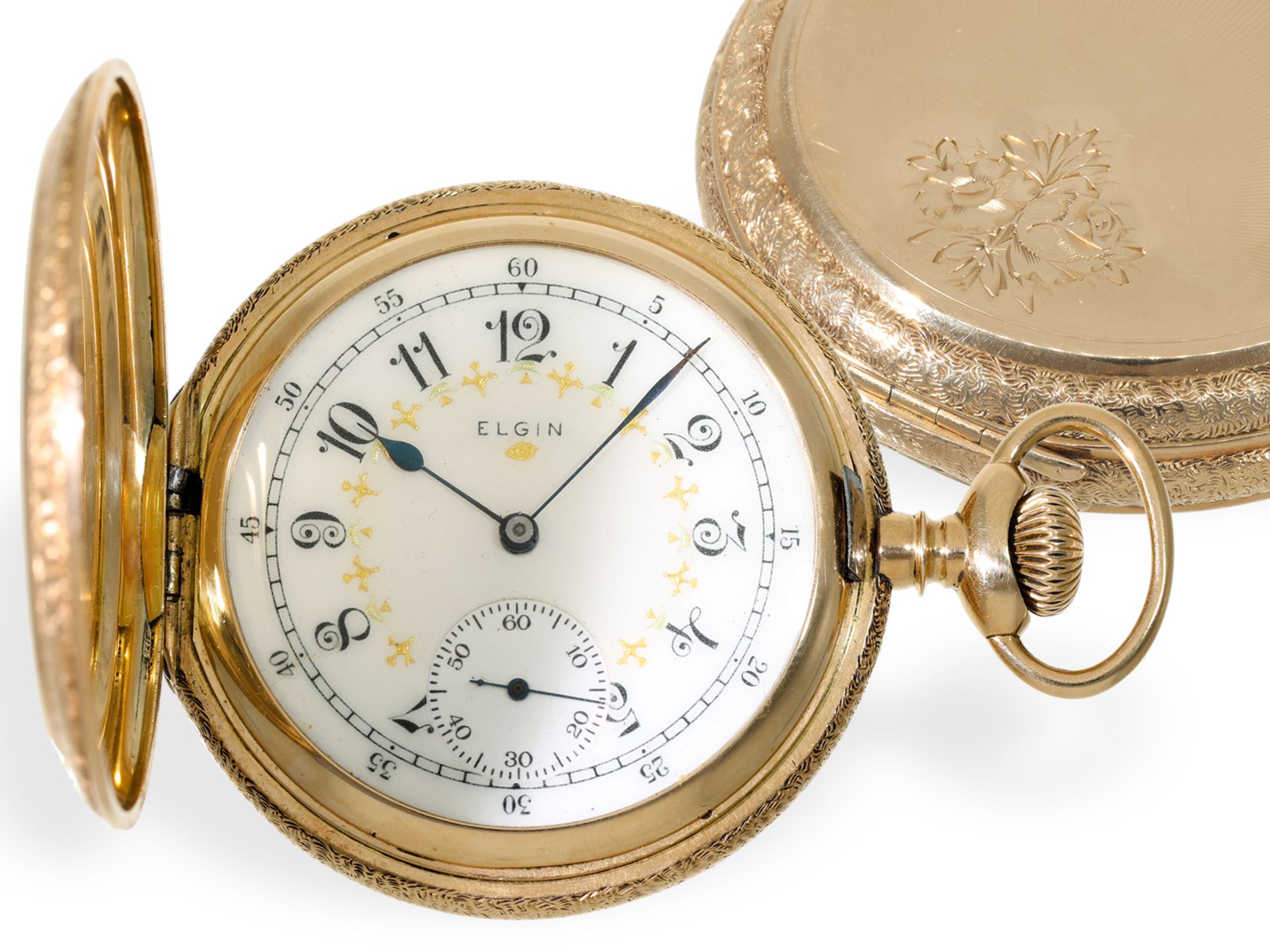 Pocket watch: heavy pink gold hunting case watch with splendour case, Elgin USA around 1900