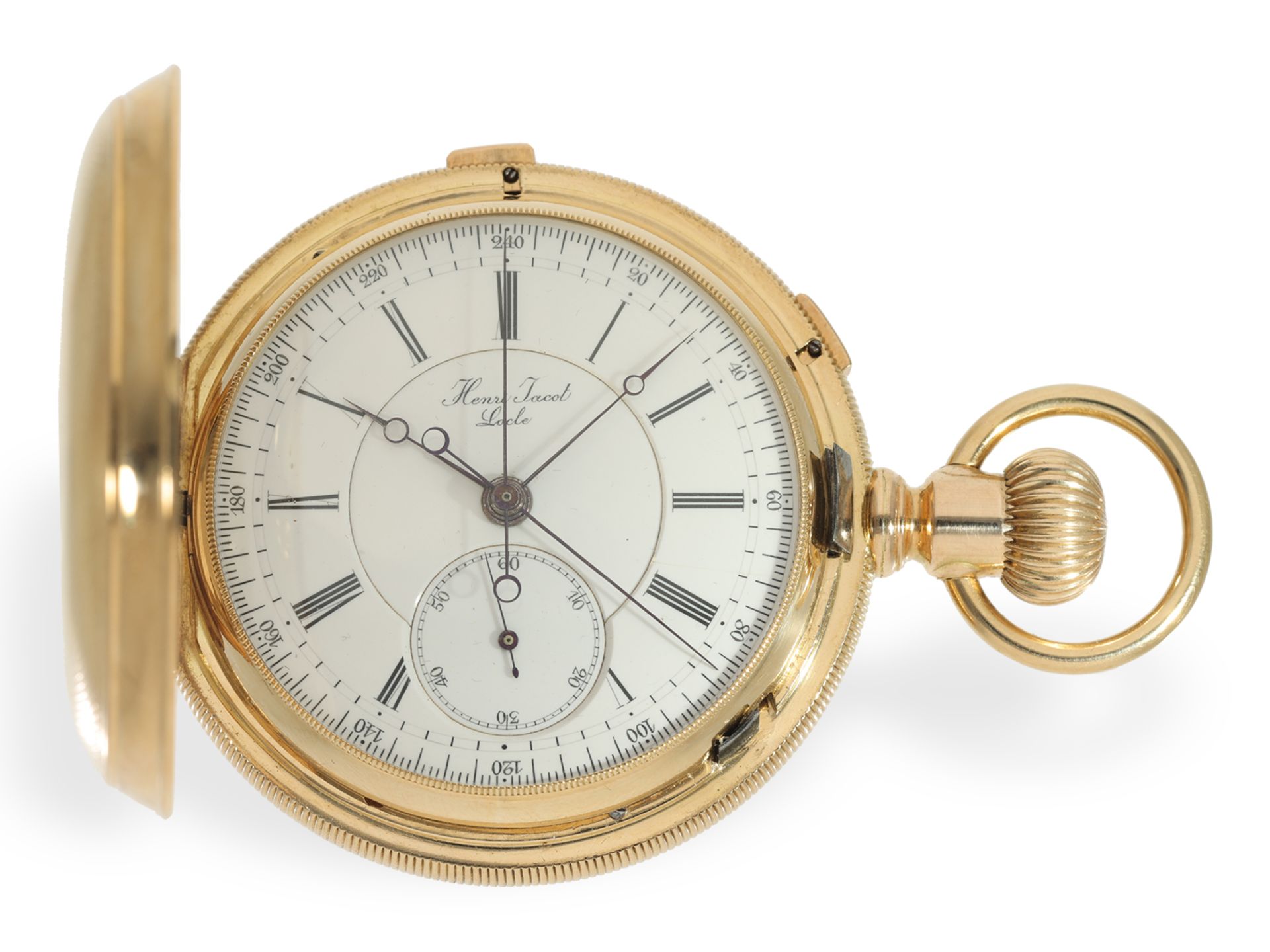 Taschenuhr: Sehr schwere Goldsavonnette mit Chronograph Rattrapante, Ankerchronometer Henry Jacot Lo