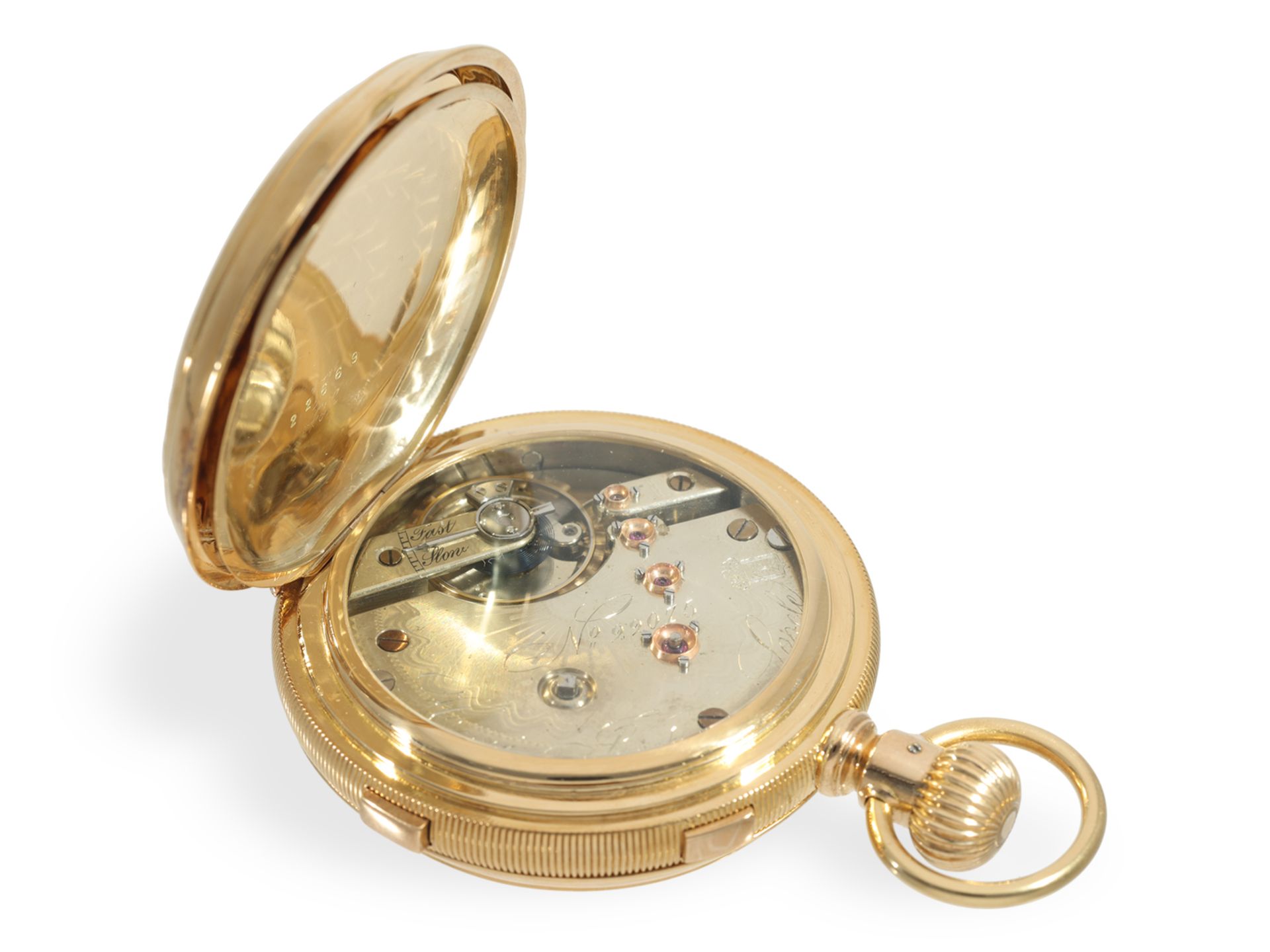 Taschenuhr: Sehr schwere Goldsavonnette mit Chronograph Rattrapante, Ankerchronometer Henry Jacot Lo - Bild 5 aus 8