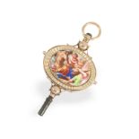 Watch key: extremely rare gold/enamel verge watch key with painting, 18th century