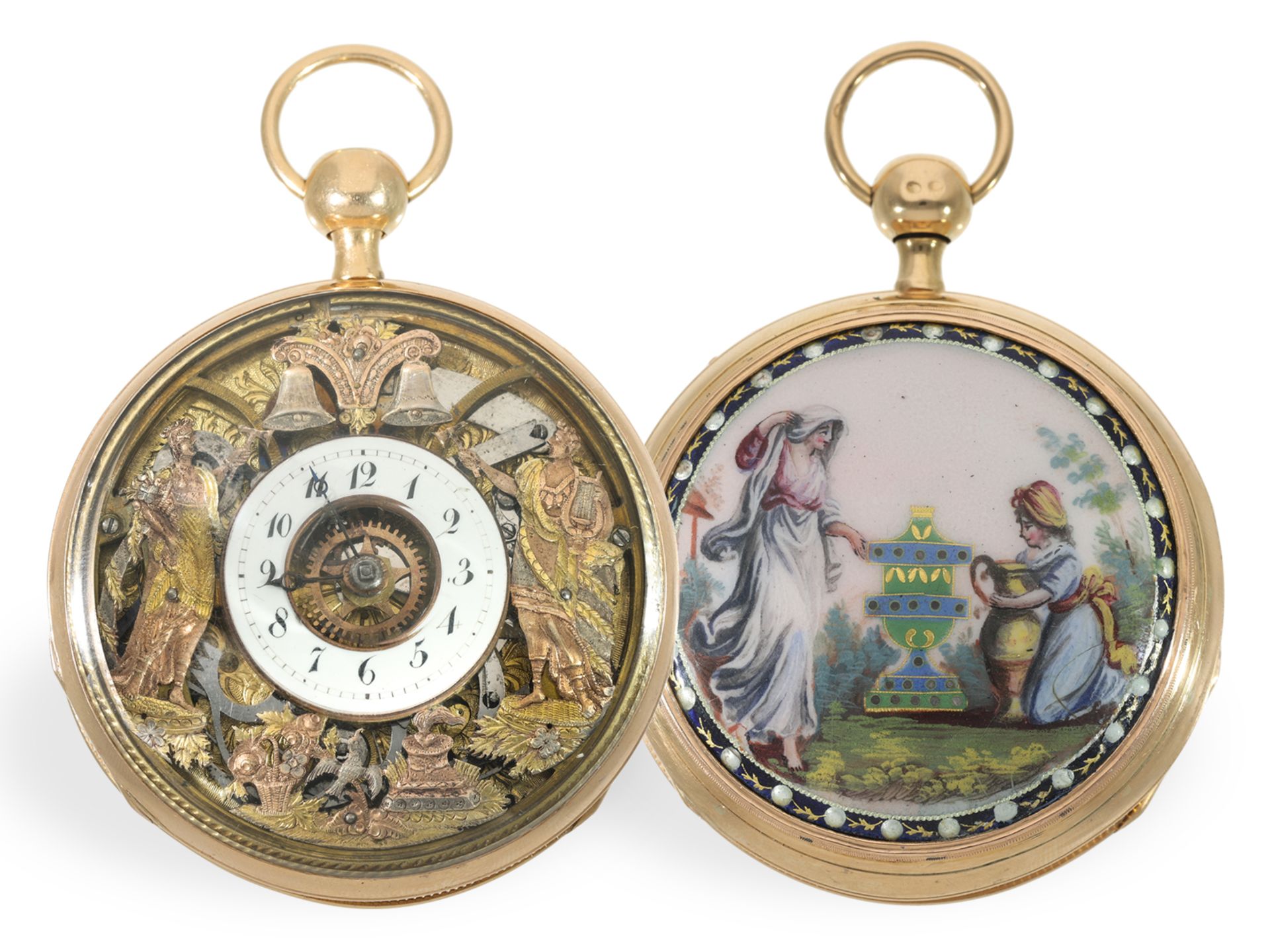 Taschenuhr: großer goldener, skelettierter Figurenautomat Jacquemart mit Emaillemalerei, ca. 1810