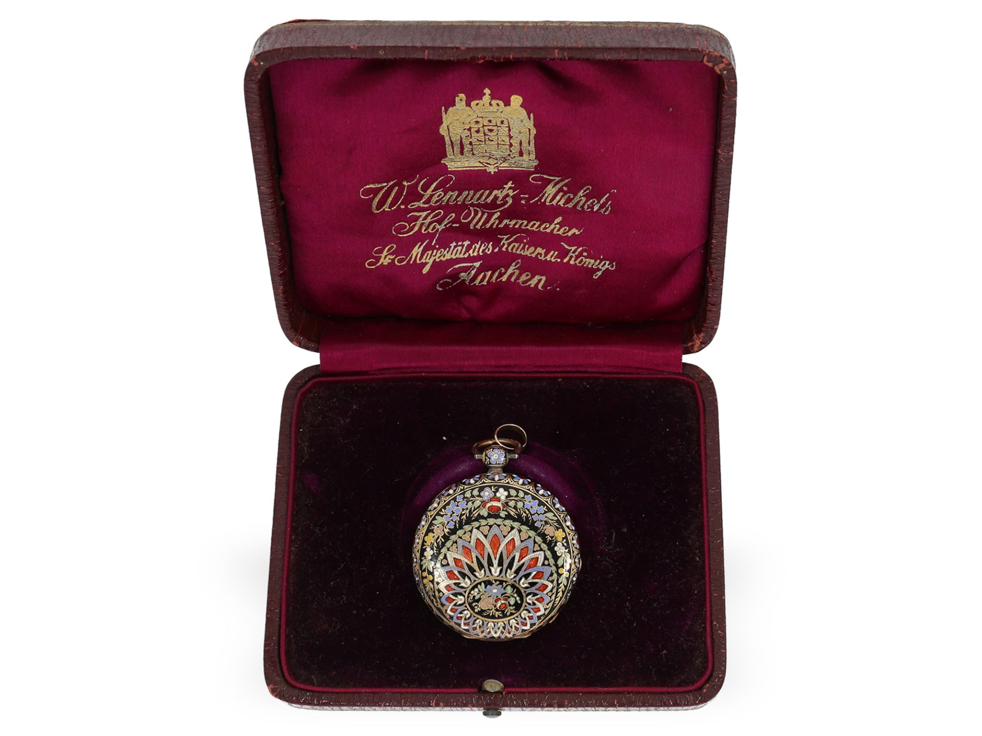 Pocket watch: magnificent gold/enamel lepine with original box and gold key, ca. 1820 - Image 7 of 9