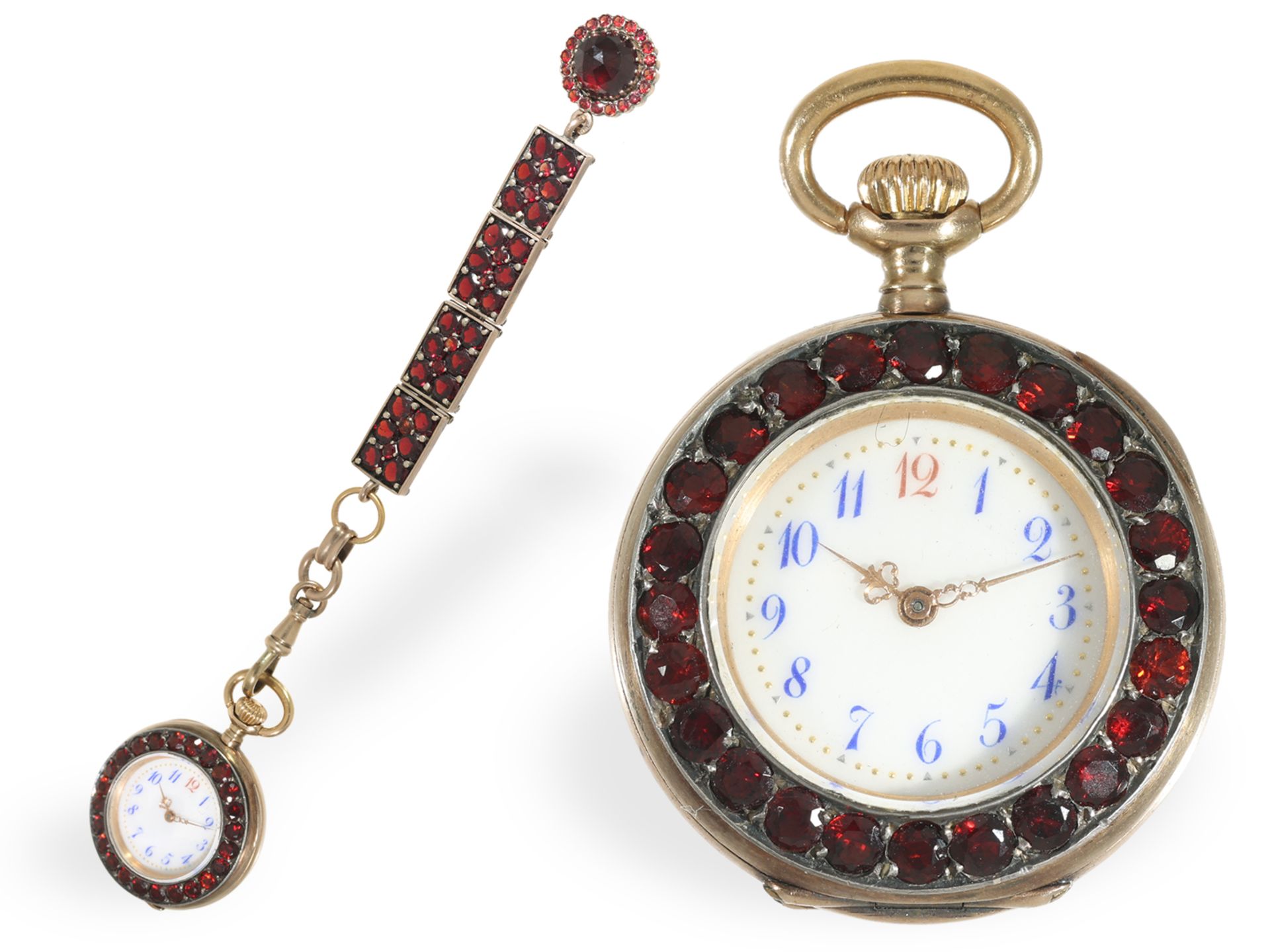 Taschenuhr/Anhängeuhr: Exquisite Damenuhr mit Steinbesatz und Chatelaine, Fritz Piguet & Bachmann Ge