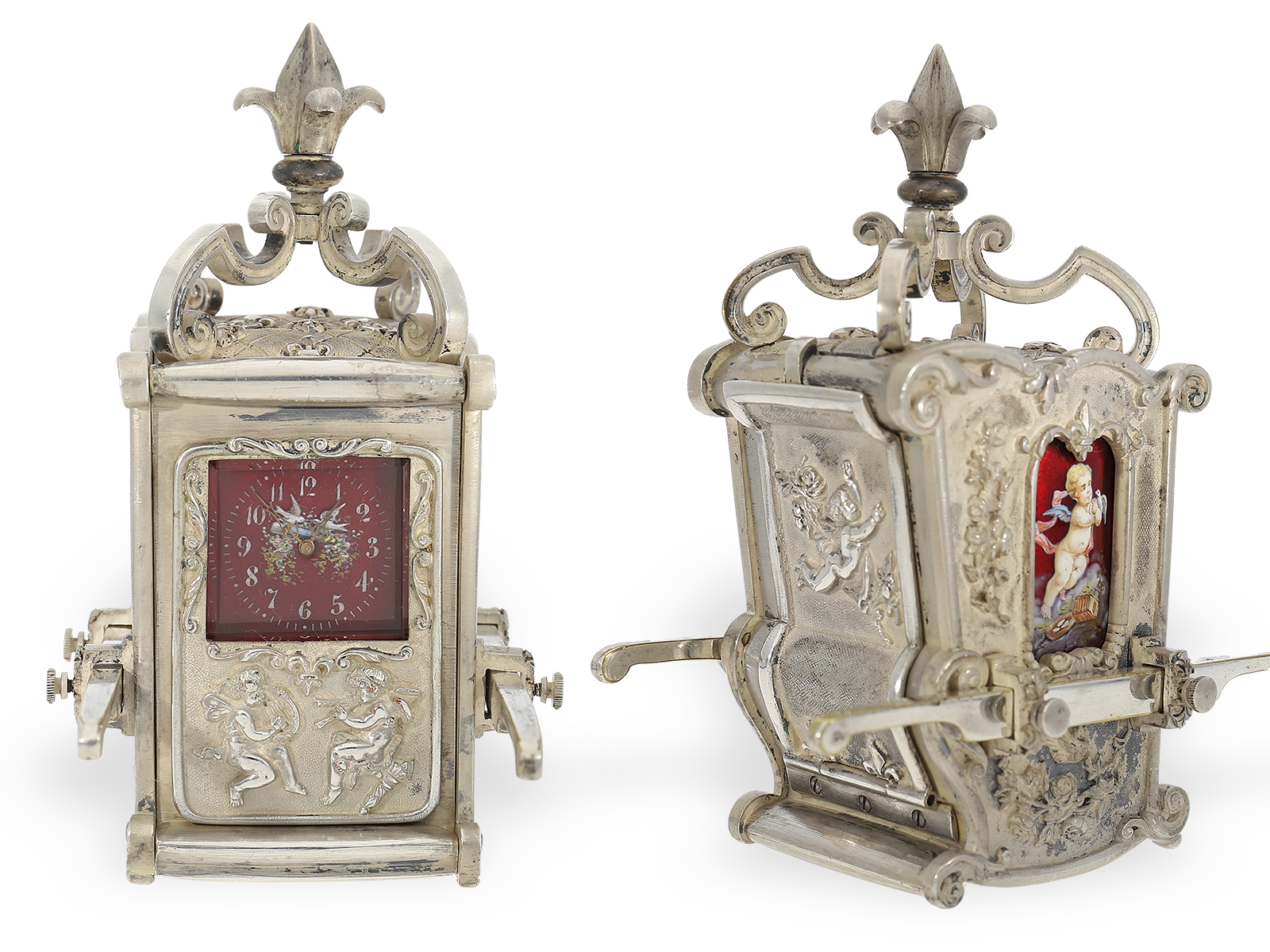 Extremely rare Rococo style form watch/travel clock "Sedan" with enamel painting, France ca. 1890