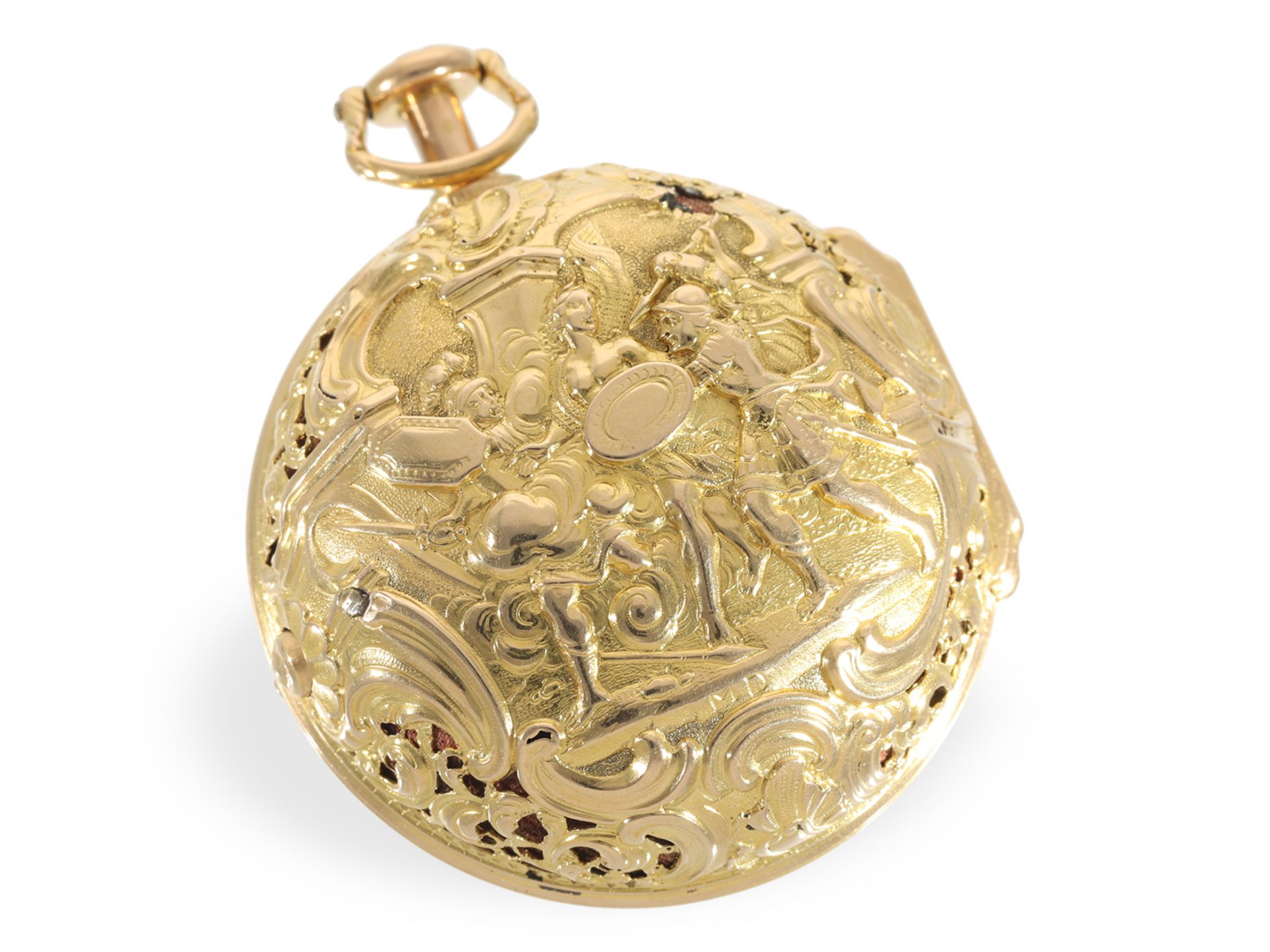 Important, museum-quality gold/enamel repoussé pocket watch with half-quarter repeater, A. Benson Lo - Image 4 of 15