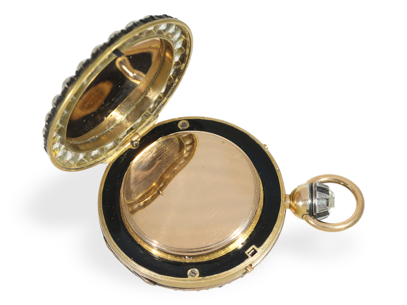 Taschenuhr: Unikat, Gold/Emaille Savonnette mit reichem Diamantbesatz, vermutlich modernisiert um 19 - Bild 8 aus 8