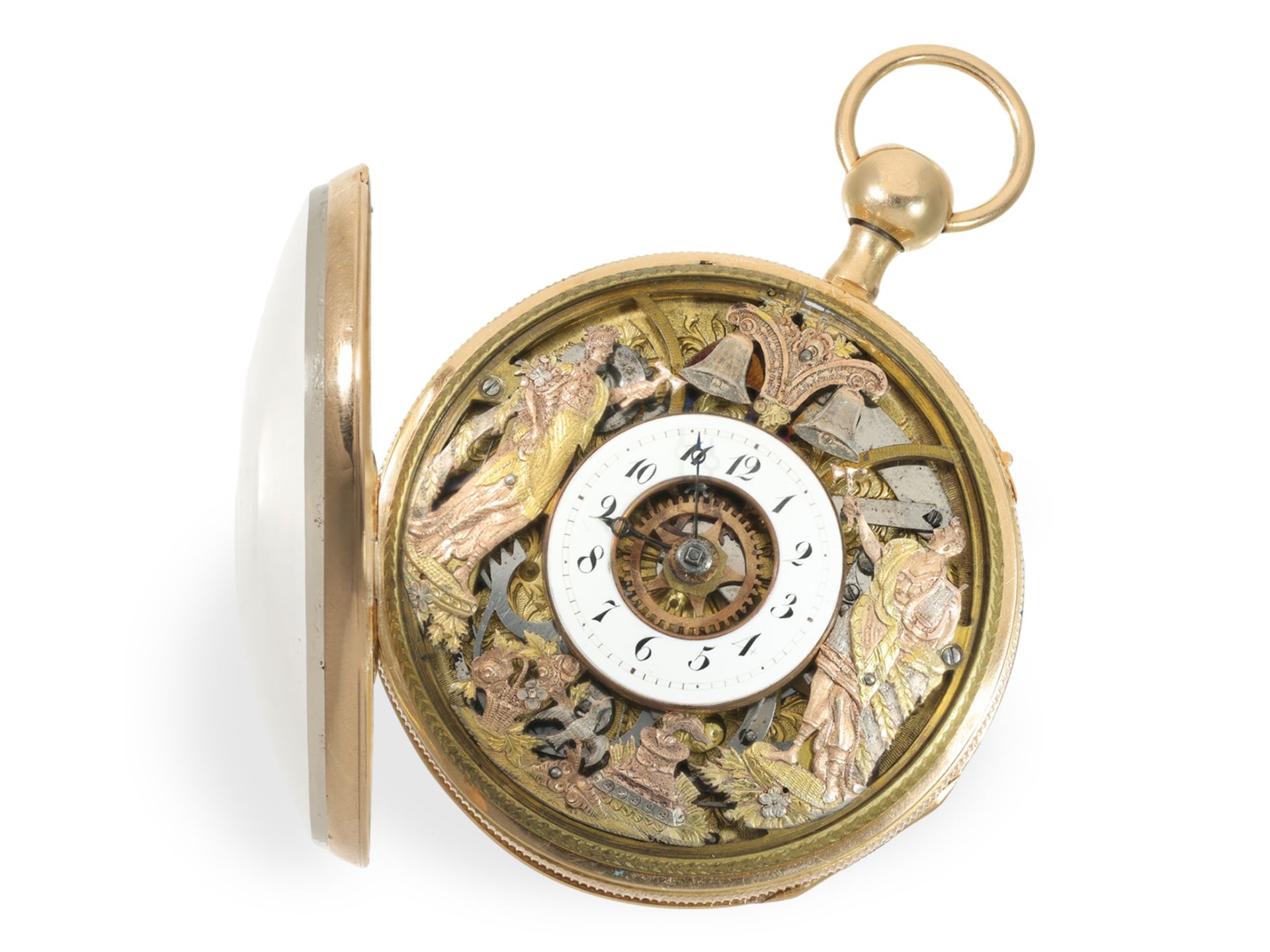 Pocket watch: large gold, skeletonised Jacquemart figure automaton with enamel painting, ca. 1810 - Image 3 of 5