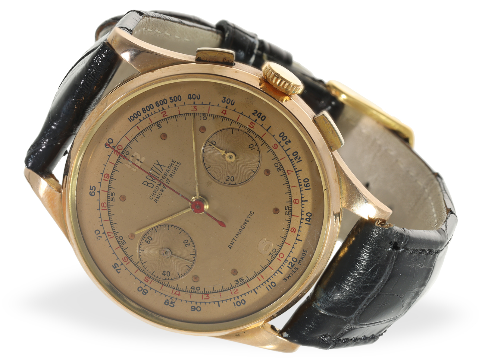 Wristwatch: excellently preserved 18K pink gold 38mm chronograph, circa 1950, Britix brand