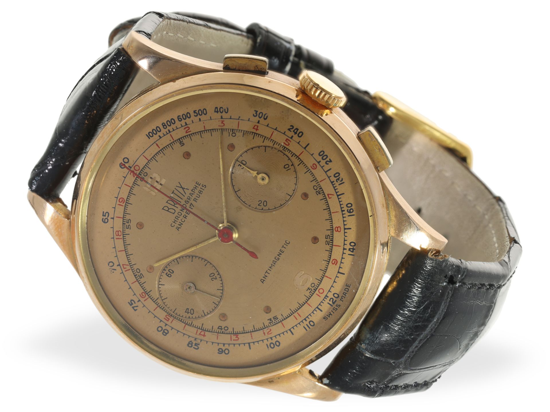 Armbanduhr: hervorragend erhaltener 18K rotgoldener 38mm-Chronograph, um 1950, Marke Britix