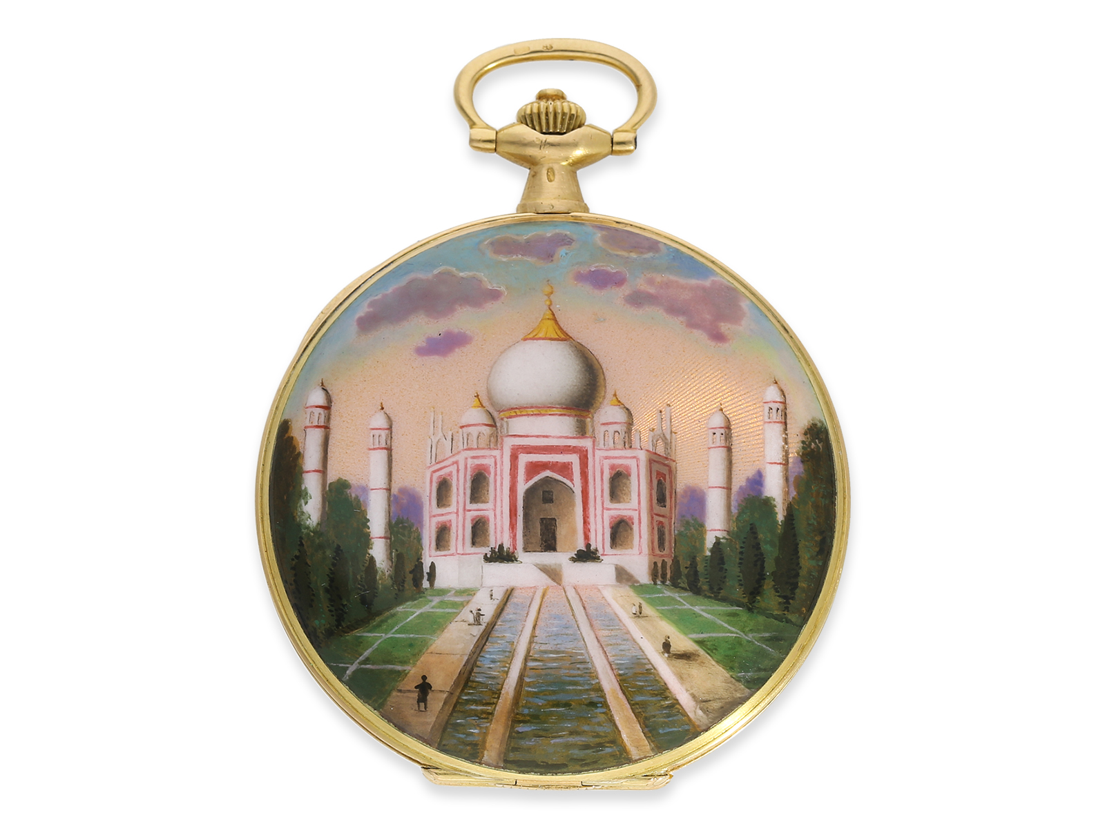 Pocket watch: extremely rare gold/enamel hunting case watch for the Indian market with representatio