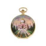 Pocket watch: extremely rare gold/enamel hunting case watch for the Indian market with representatio