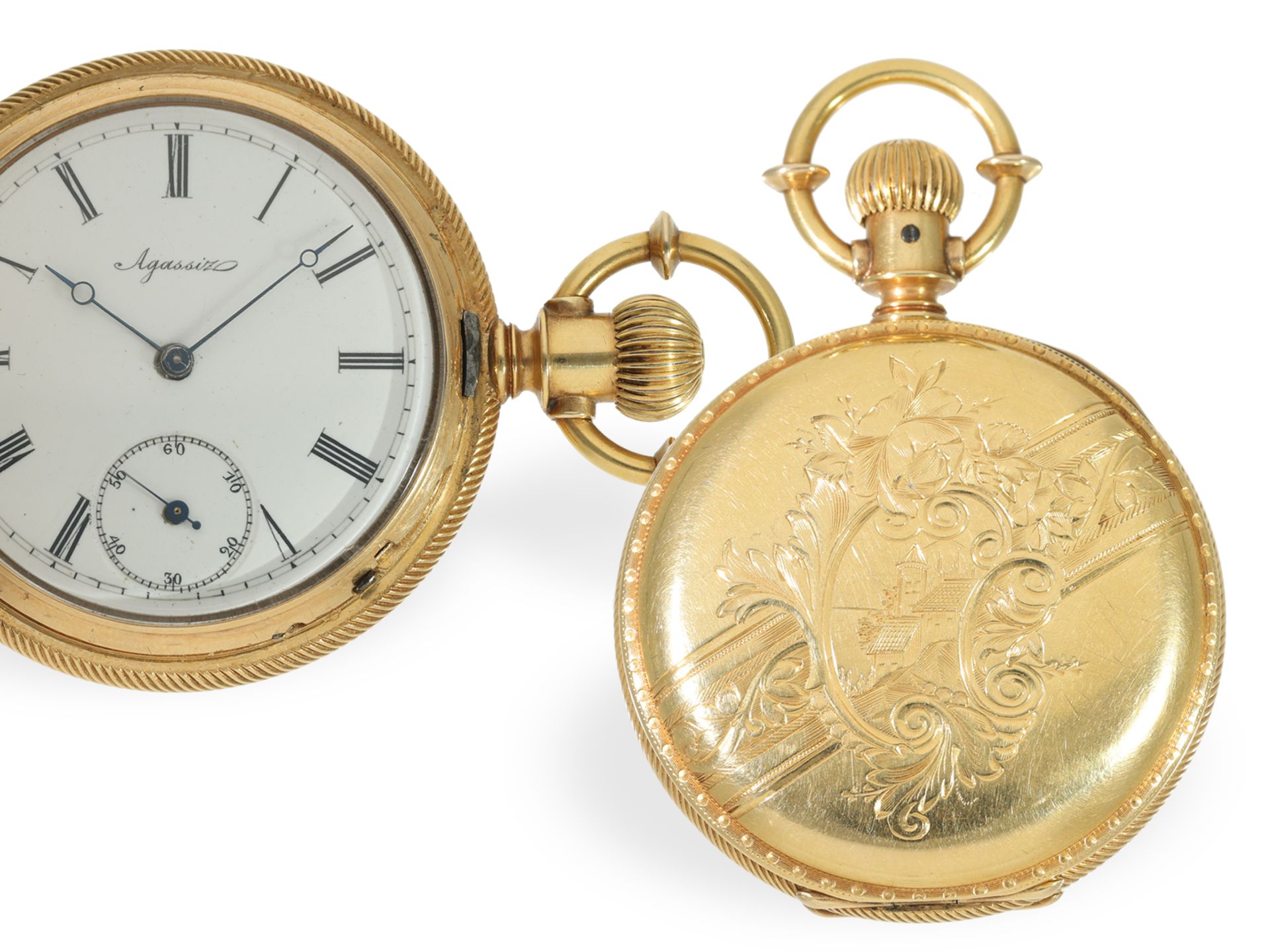 Pocket watch: fine, solid gold hunting case watch, ca. 1870, Agassiz