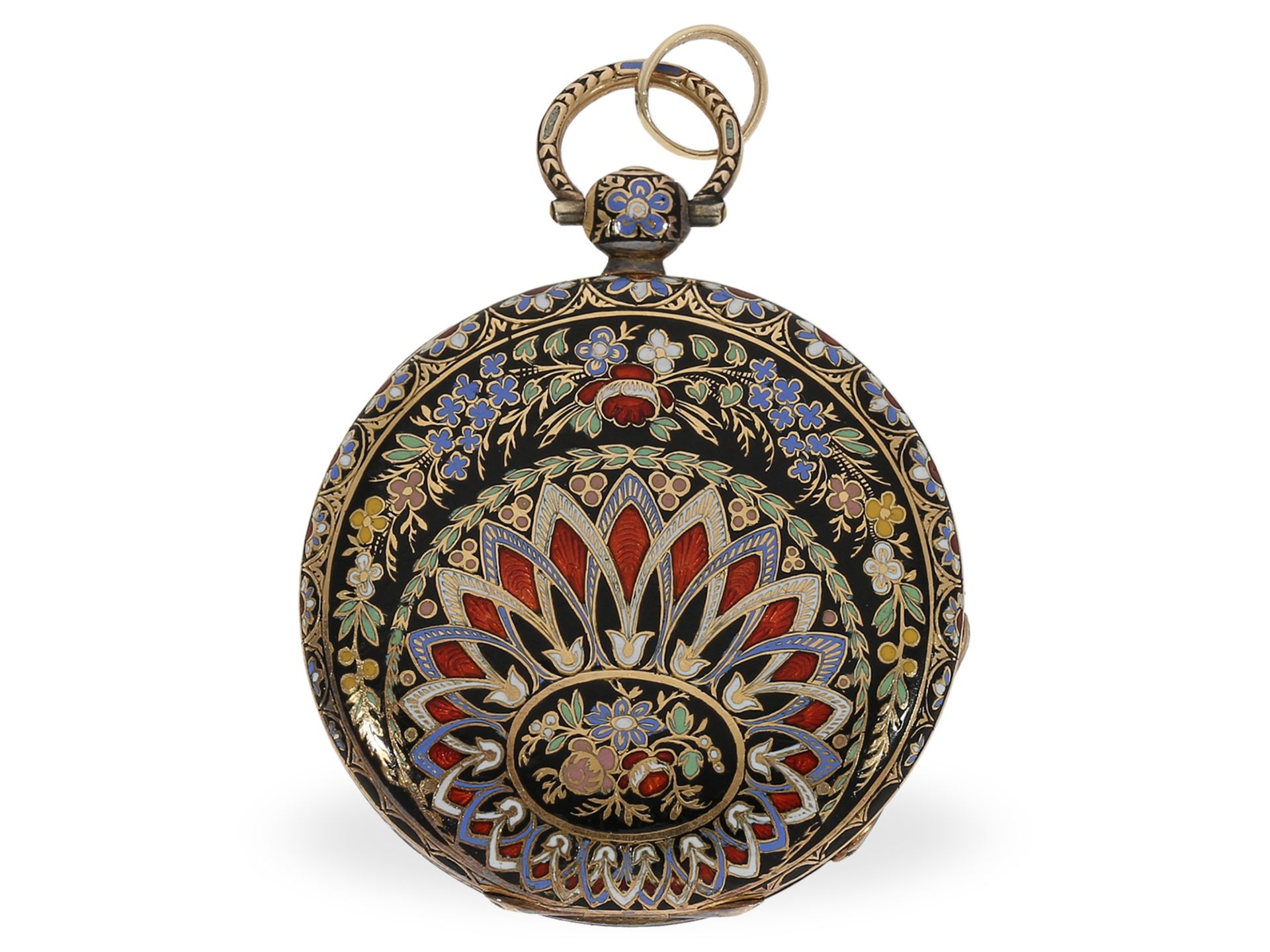 Pocket watch: magnificent gold/enamel lepine with original box and gold key, ca. 1820 - Image 2 of 9
