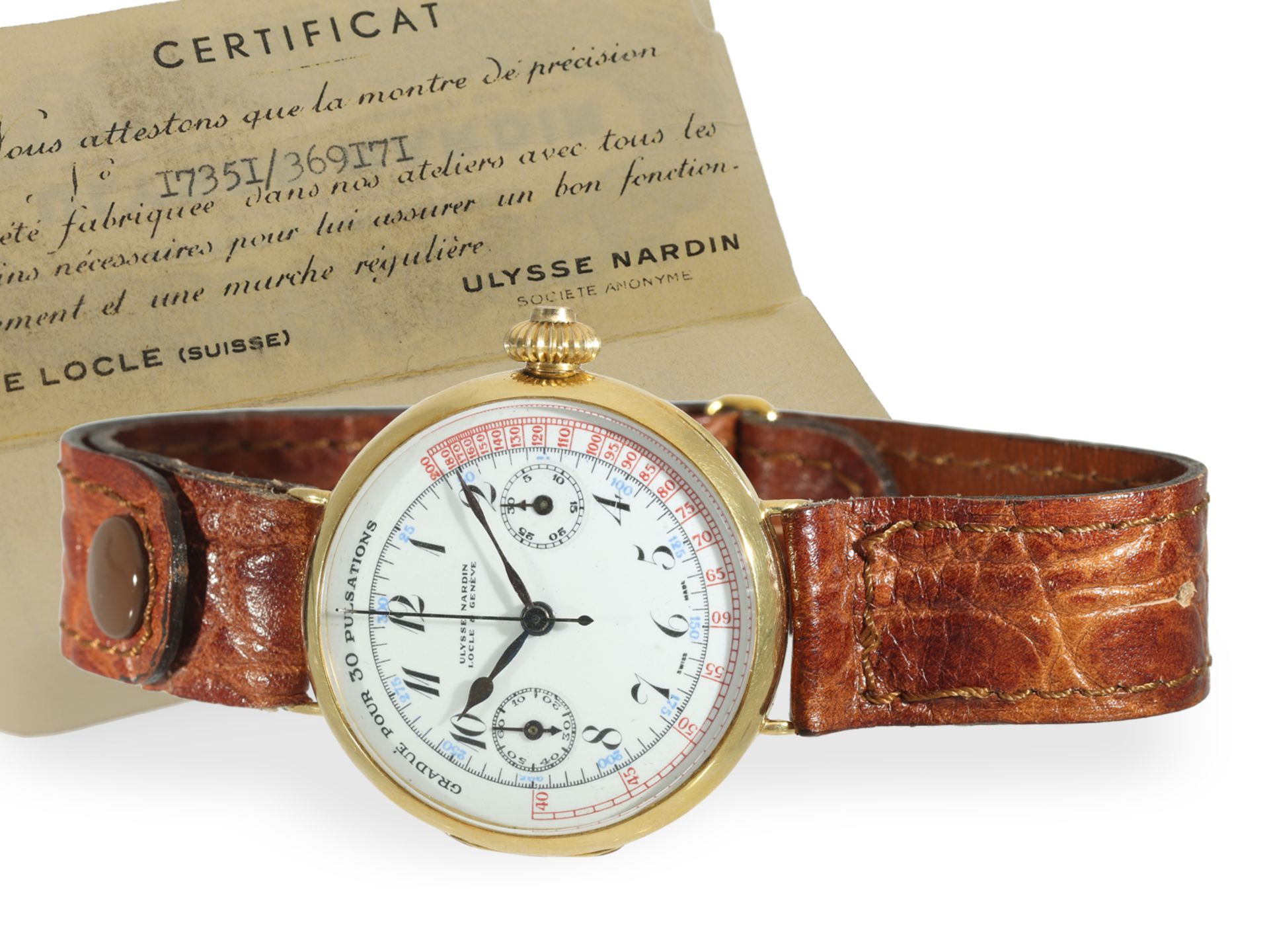 Armbanduhr: Rarität, einer der ersten Ulysse Nardin Chronographen um 1920, mit Originalbox und Origi