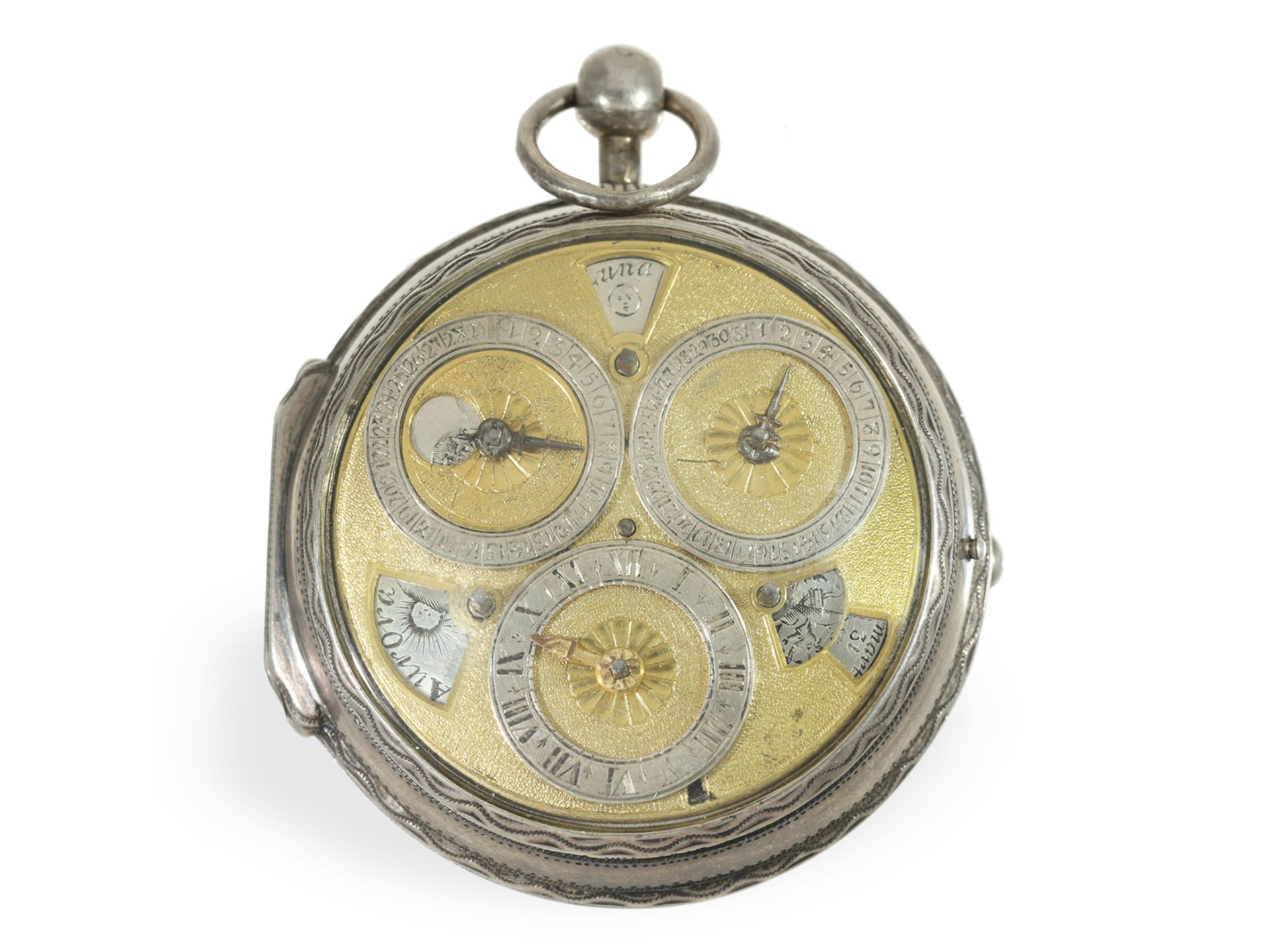 Taschenuhr: museale astronomische Spindeluhr mit 6 Komplikationen, R. Jarrett London um 1690