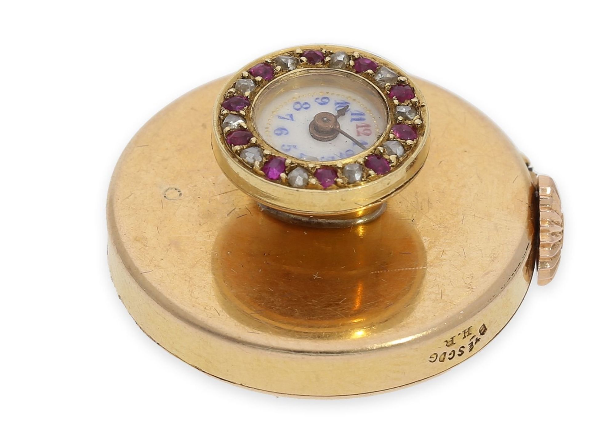 Knopfloch-Uhr: extrem rare Knopflochuhr in 18K Gold mit Diamant- und Rubinbesatz, punziert "bté s.g. - Bild 2 aus 5