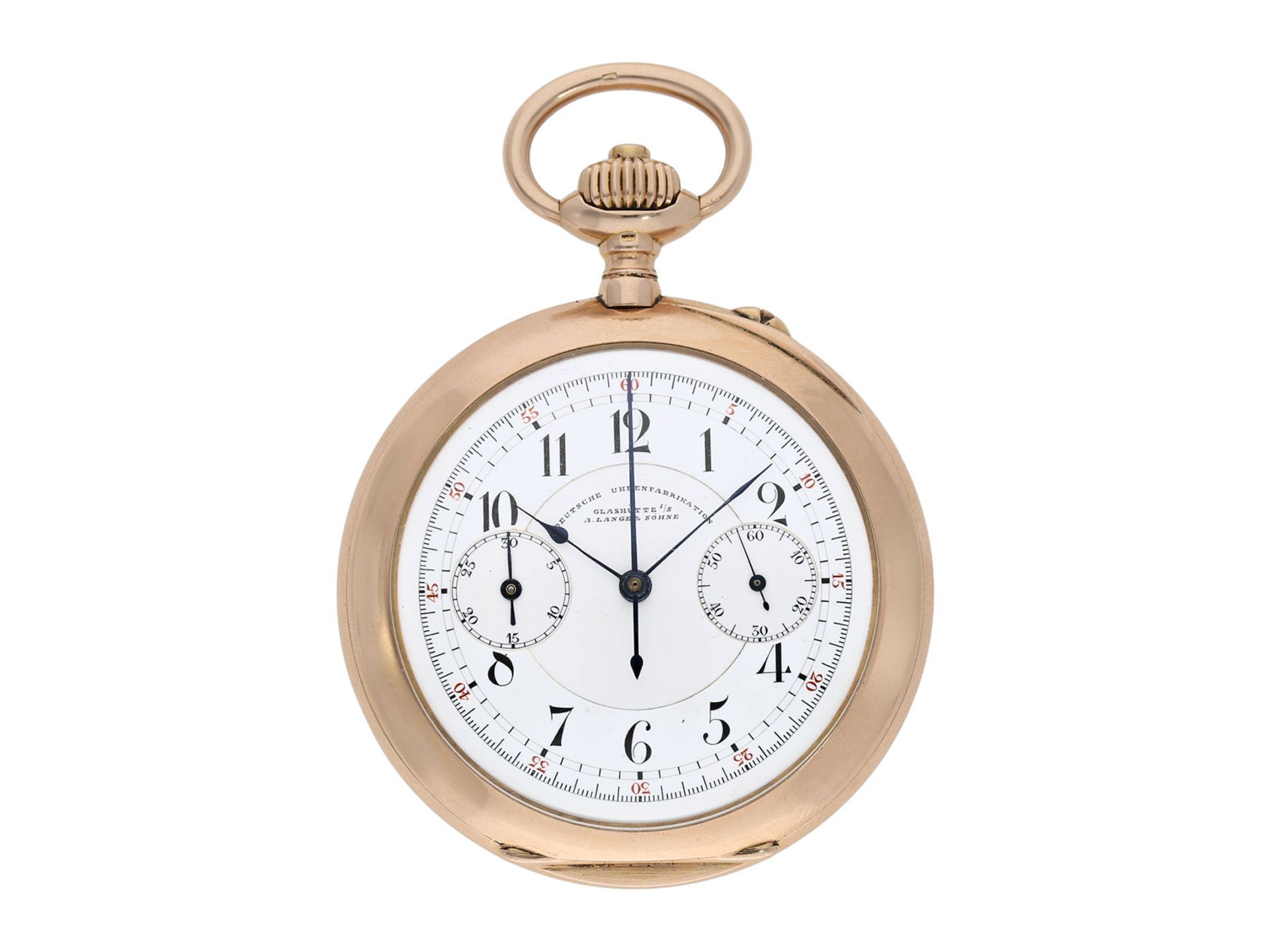 Taschenuhr: besonders großer, rotgoldener Chronograph mit Register, A. Lange & Söhne No. 54691, Glas