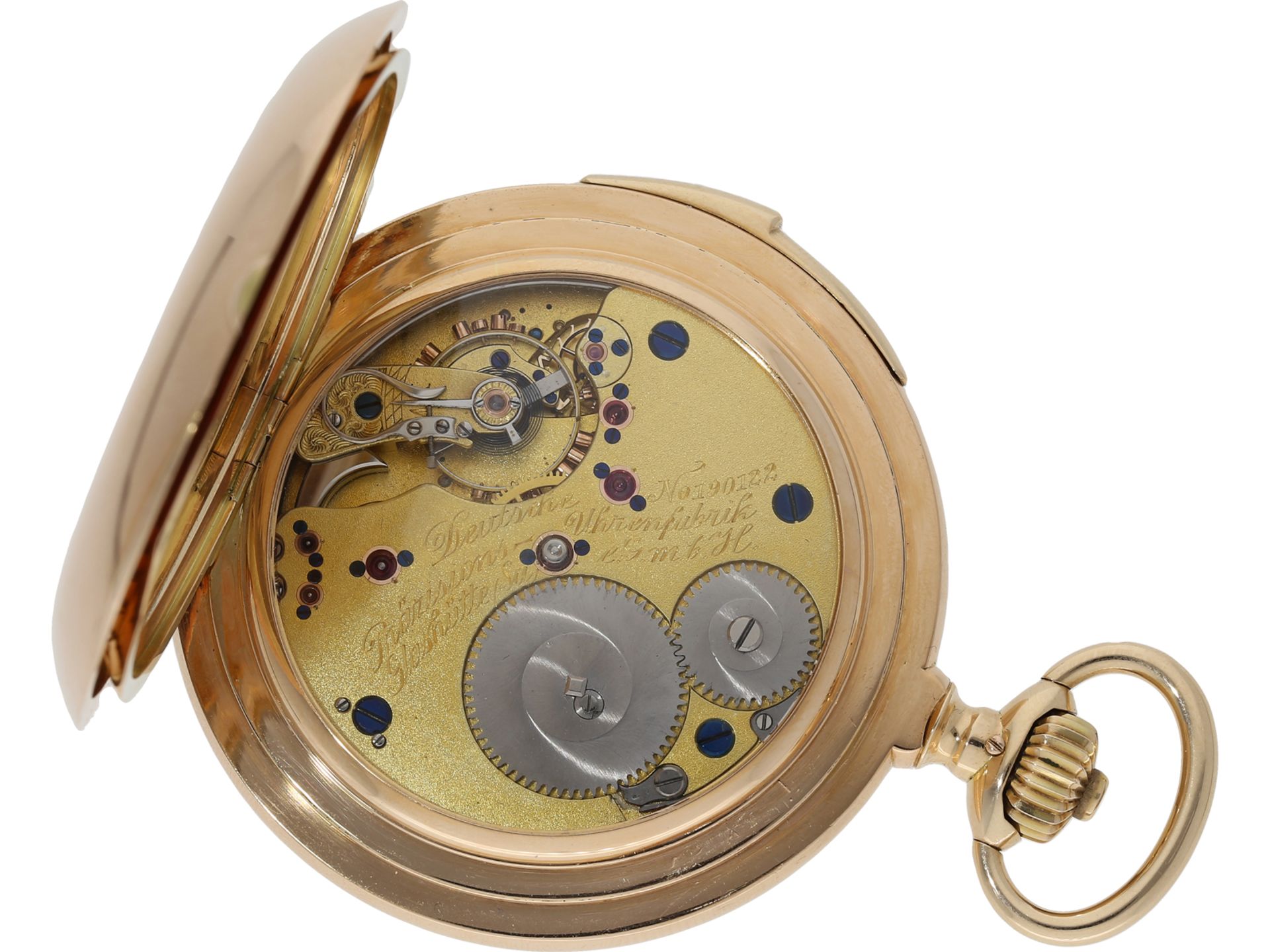 Taschenuhr: beeindruckende und extrem seltene Glashütter Goldsavonnette mit Repetition, Glashütte um - Bild 2 aus 7