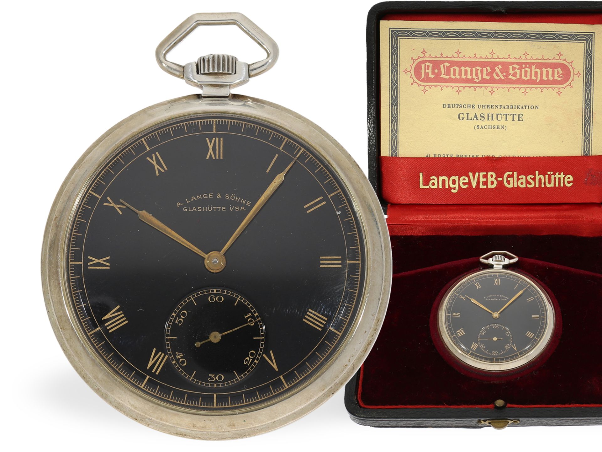 Pocket watch: rare A. Lange & Söhne Glashütte dress watch with black dial, original box, original pa