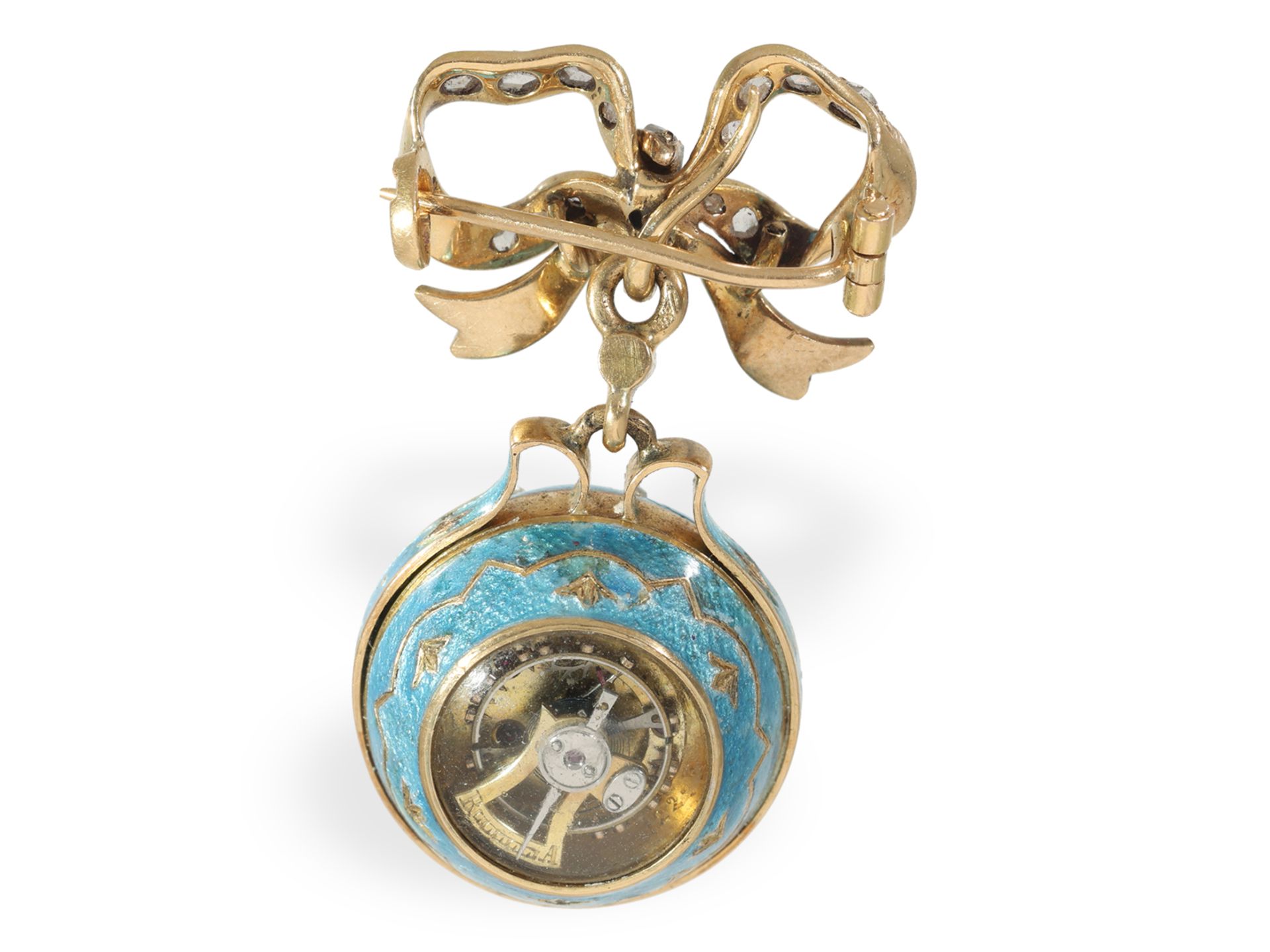 Anhängeuhr: Gold/Emaille Formuhr "Boule de Geneve" mit originaler Brosche und Diamantbesatz, um 1900 - Bild 2 aus 5