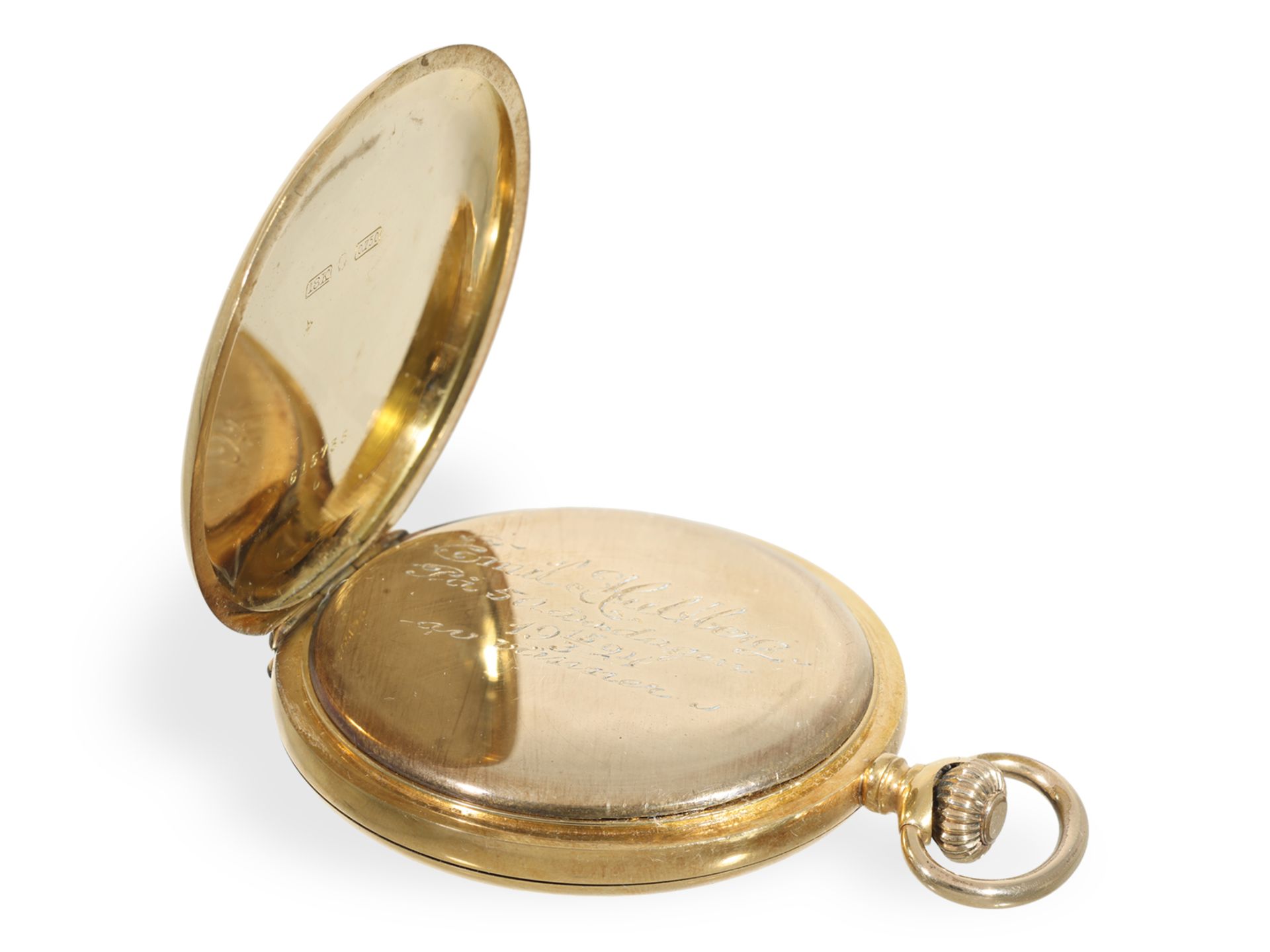 Taschenuhr: feine Goldsavonnette mit Präzisionswerk und goldener Uhrenkette, Record Watch um 1920 - Bild 5 aus 8
