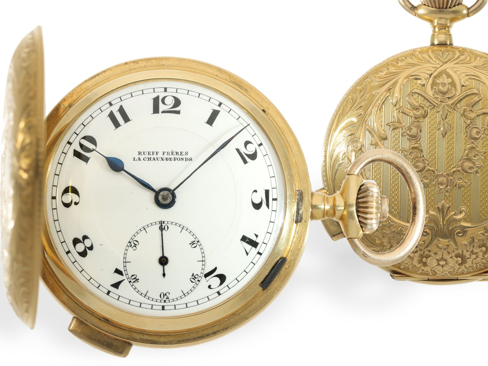 Pocket watch: fine gold hunting case watch with minute repeater and splendour case, ca. 1910