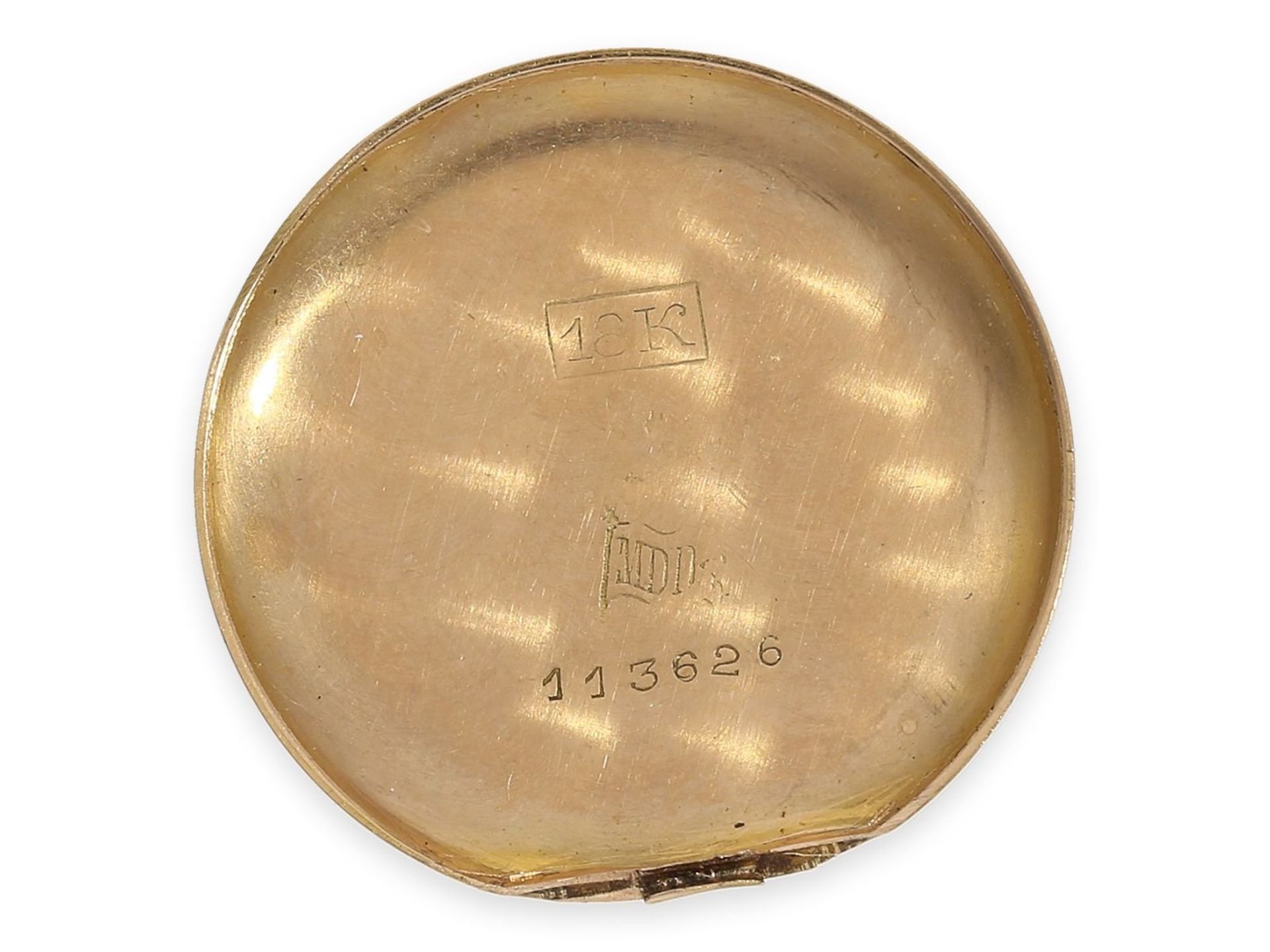 Taschenuhr: wunderschöne Miniatur-Gold/Emaille-Damenuhr mit Rokoko-Emaillemalerei im Watteau-Stil, M - Bild 5 aus 6
