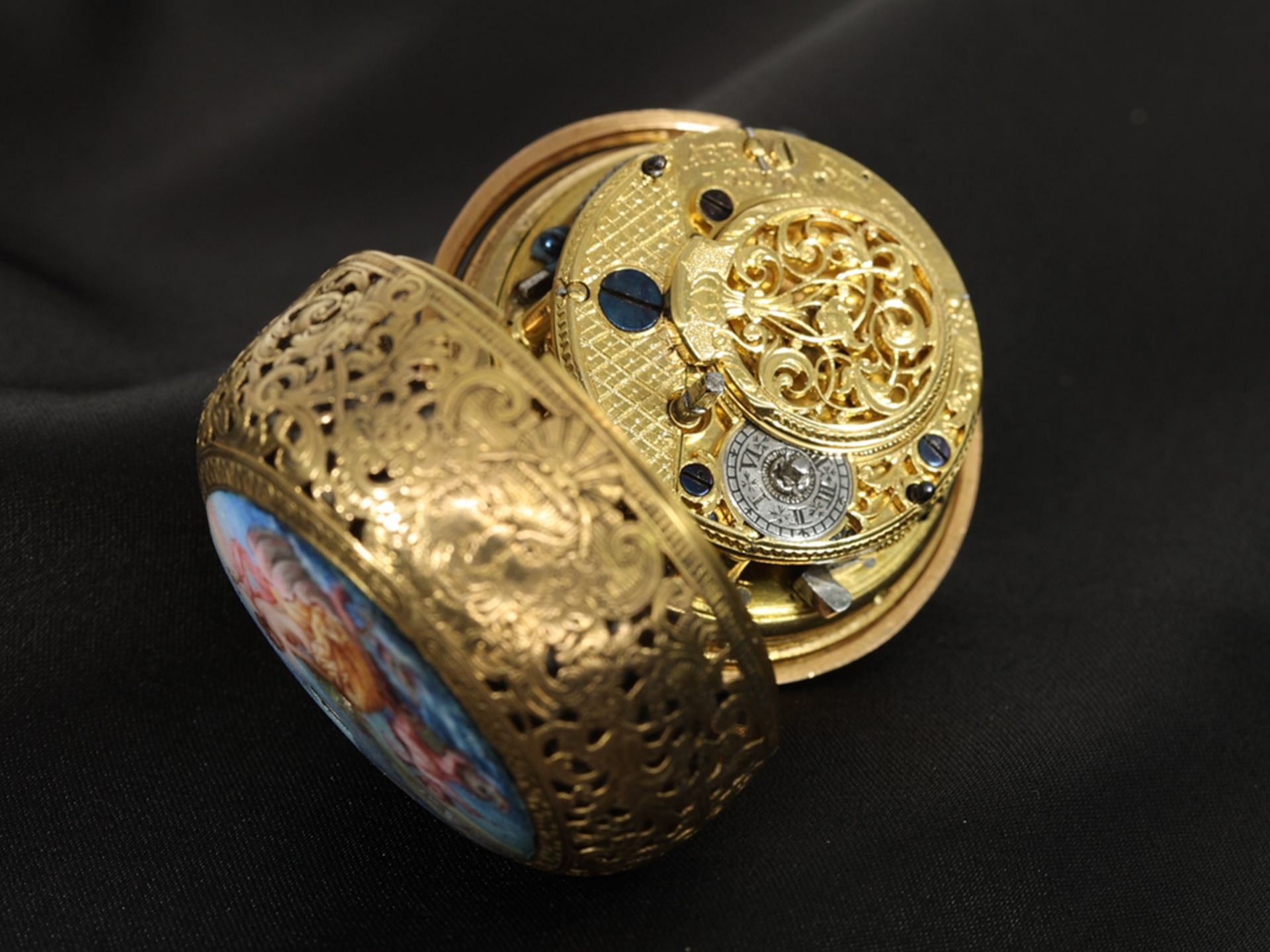 Important, museum-quality gold/enamel repoussé pocket watch with half-quarter repeater, A. Benson Lo - Image 12 of 15