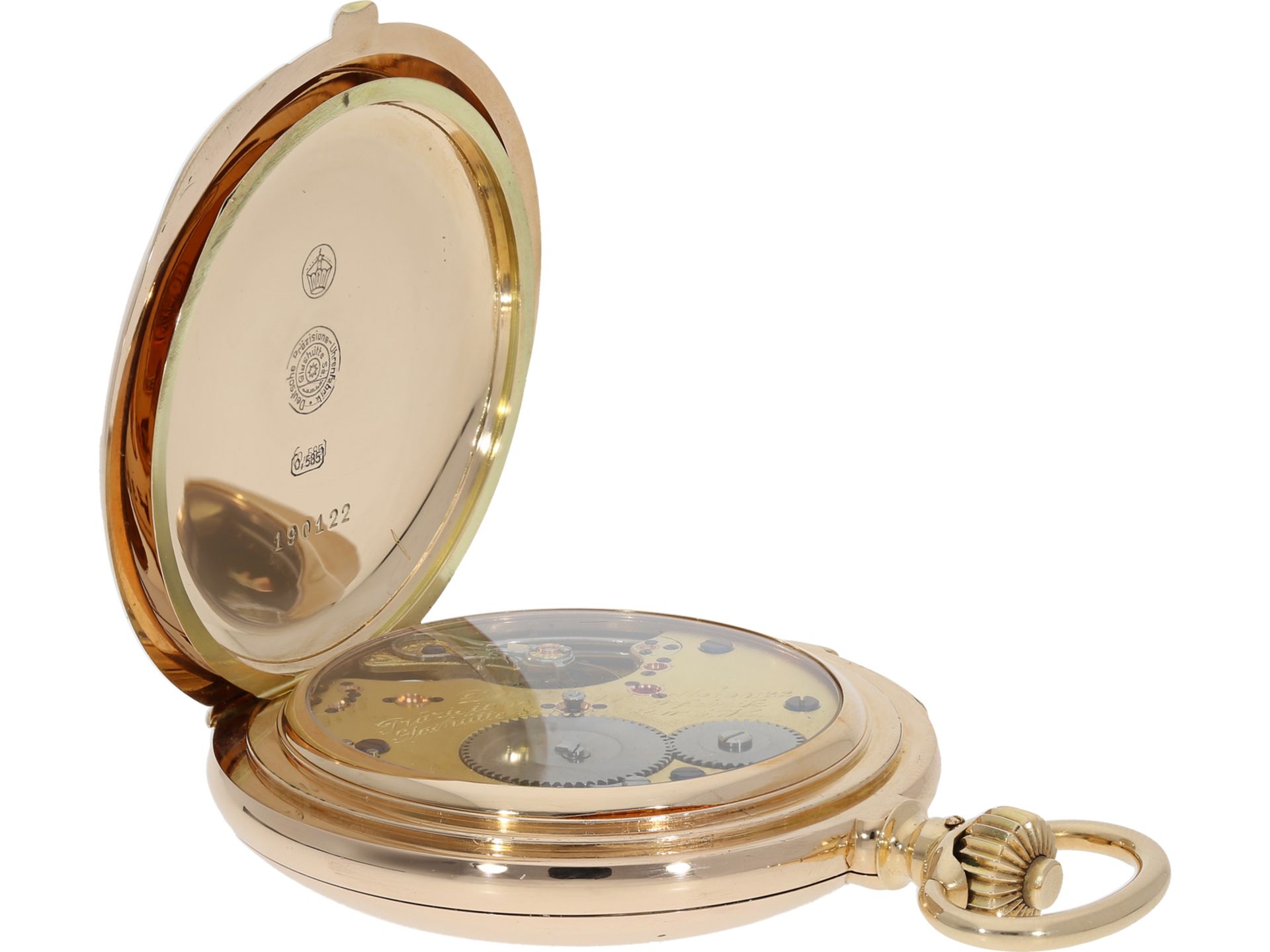 Pocket watch: impressive and extremely rare Glashütte gold hunting case watch with repeater, Glashüt - Image 4 of 7