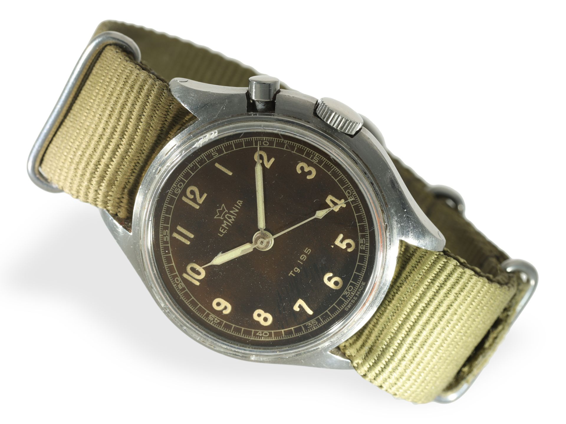 Rare militärische Armbanduhr der schwedischen Luftwaffe, Lemania Tg 195 "HACKING SECONDS" "Tropical 