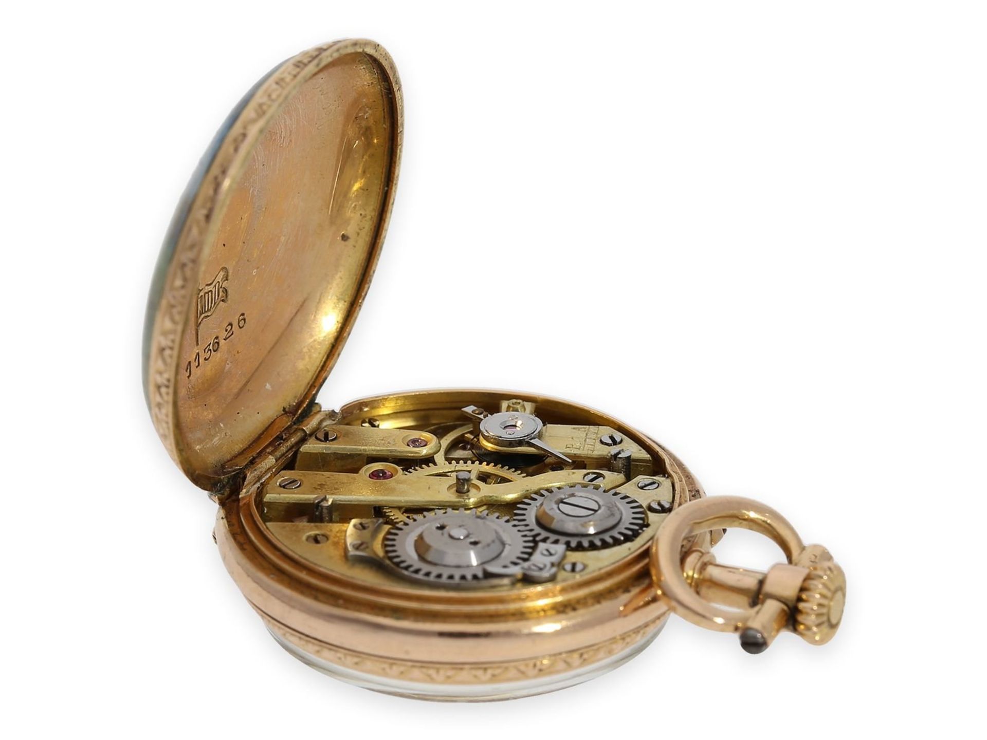 Taschenuhr: wunderschöne Miniatur-Gold/Emaille-Damenuhr mit Rokoko-Emaillemalerei im Watteau-Stil, M - Bild 4 aus 6