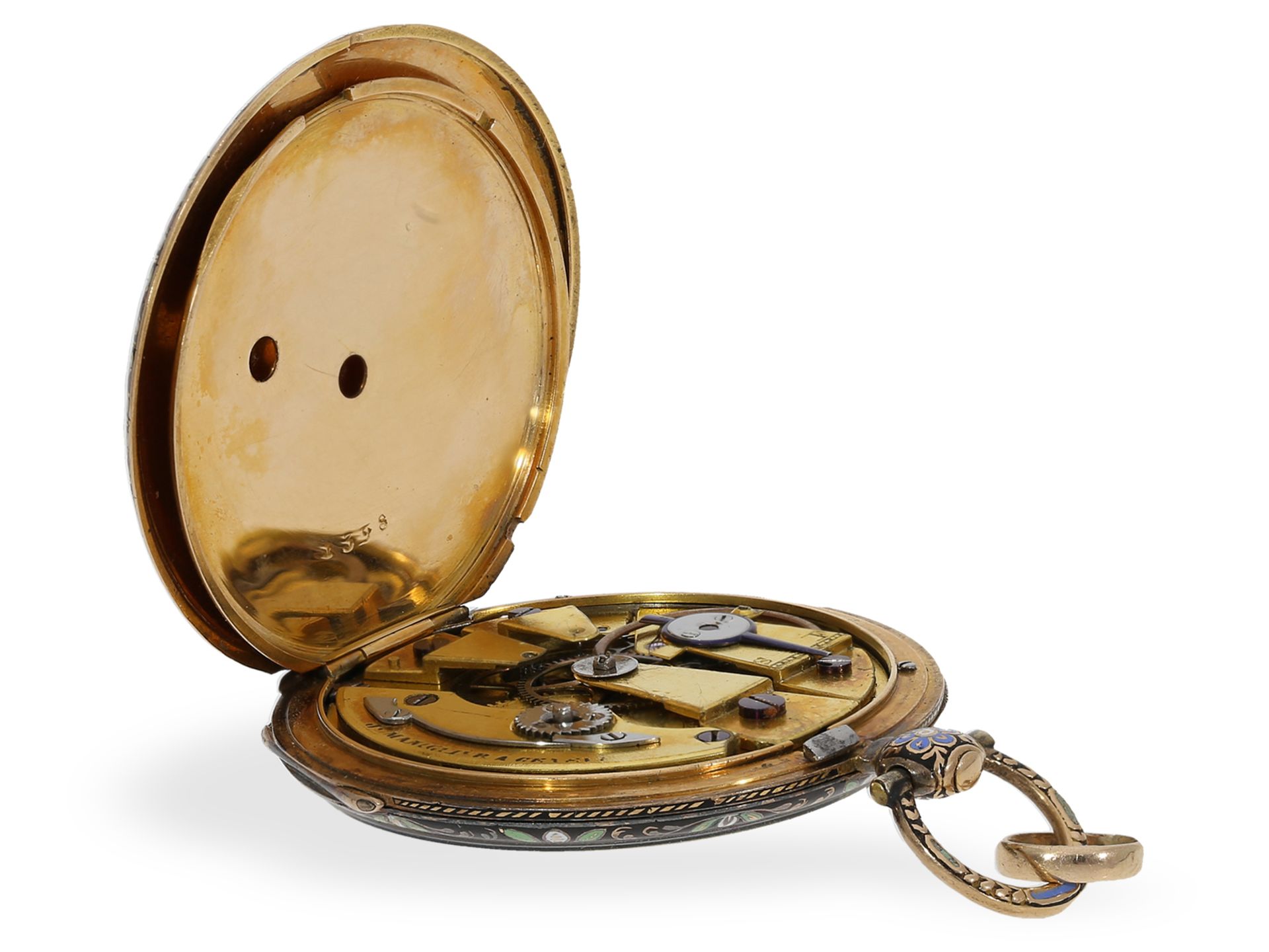 Taschenuhr: prächtige Gold/Emaille-Lepine mit Originalbox und Goldschlüssel, ca. 1820 - Bild 5 aus 9