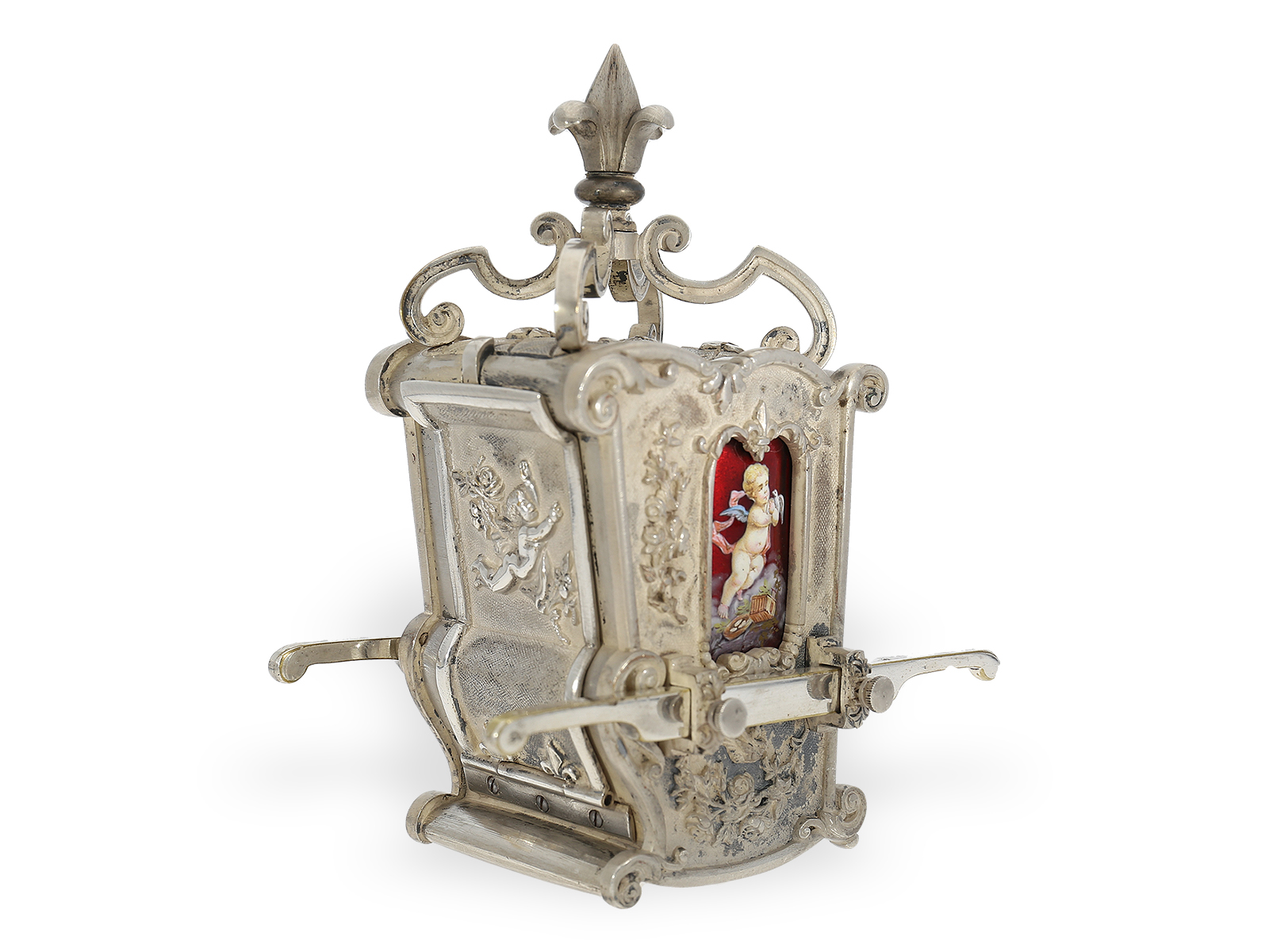 Extremely rare Rococo style form watch/travel clock "Sedan" with enamel painting, France ca. 1890 - Image 3 of 4