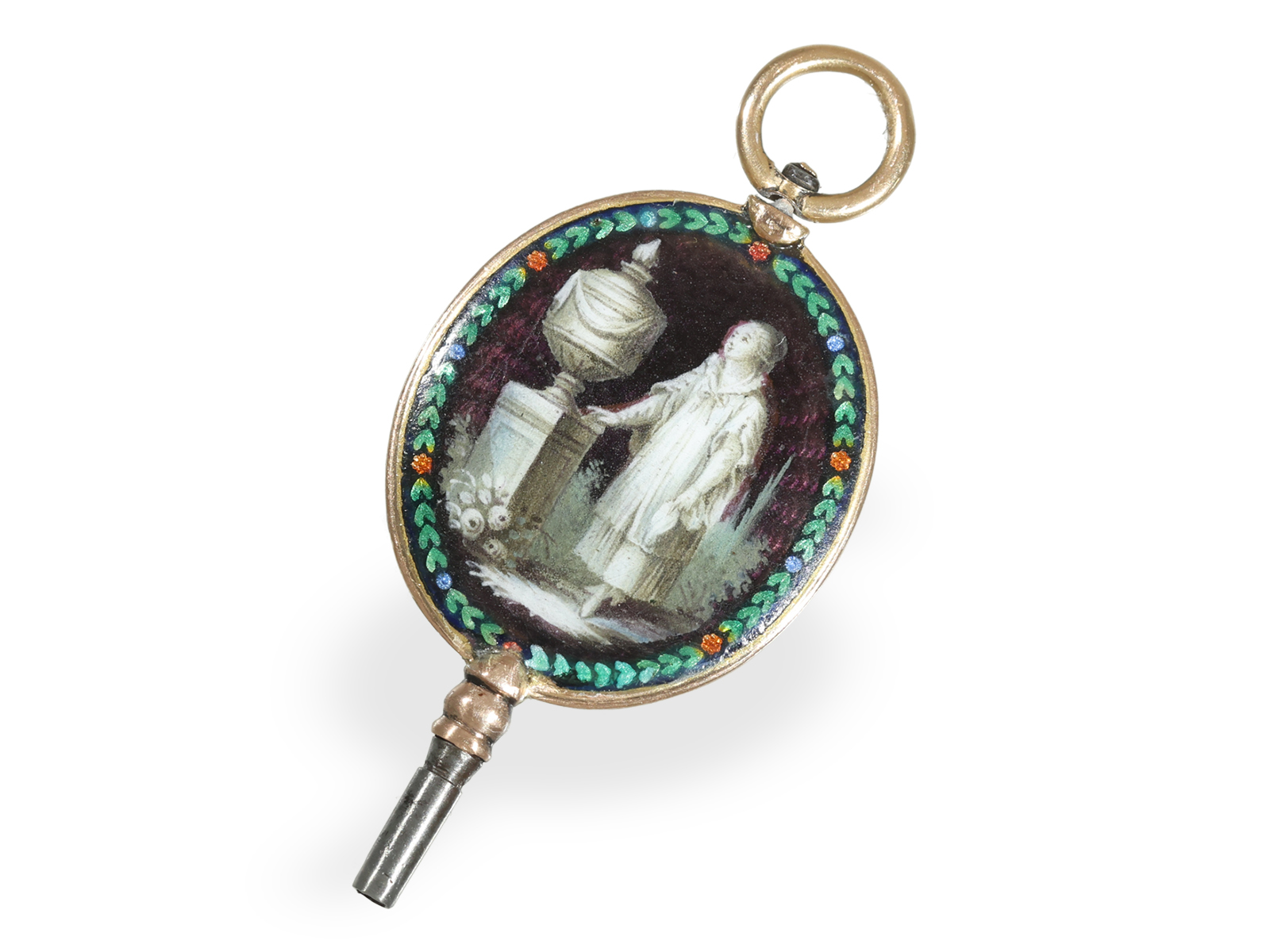 Watch key: absolute rarity, gold/enamel verge watch key with grisaille painting, ca. 1750