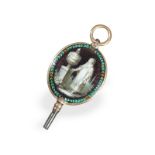 Watch key: absolute rarity, gold/enamel verge watch key with grisaille painting, ca. 1750