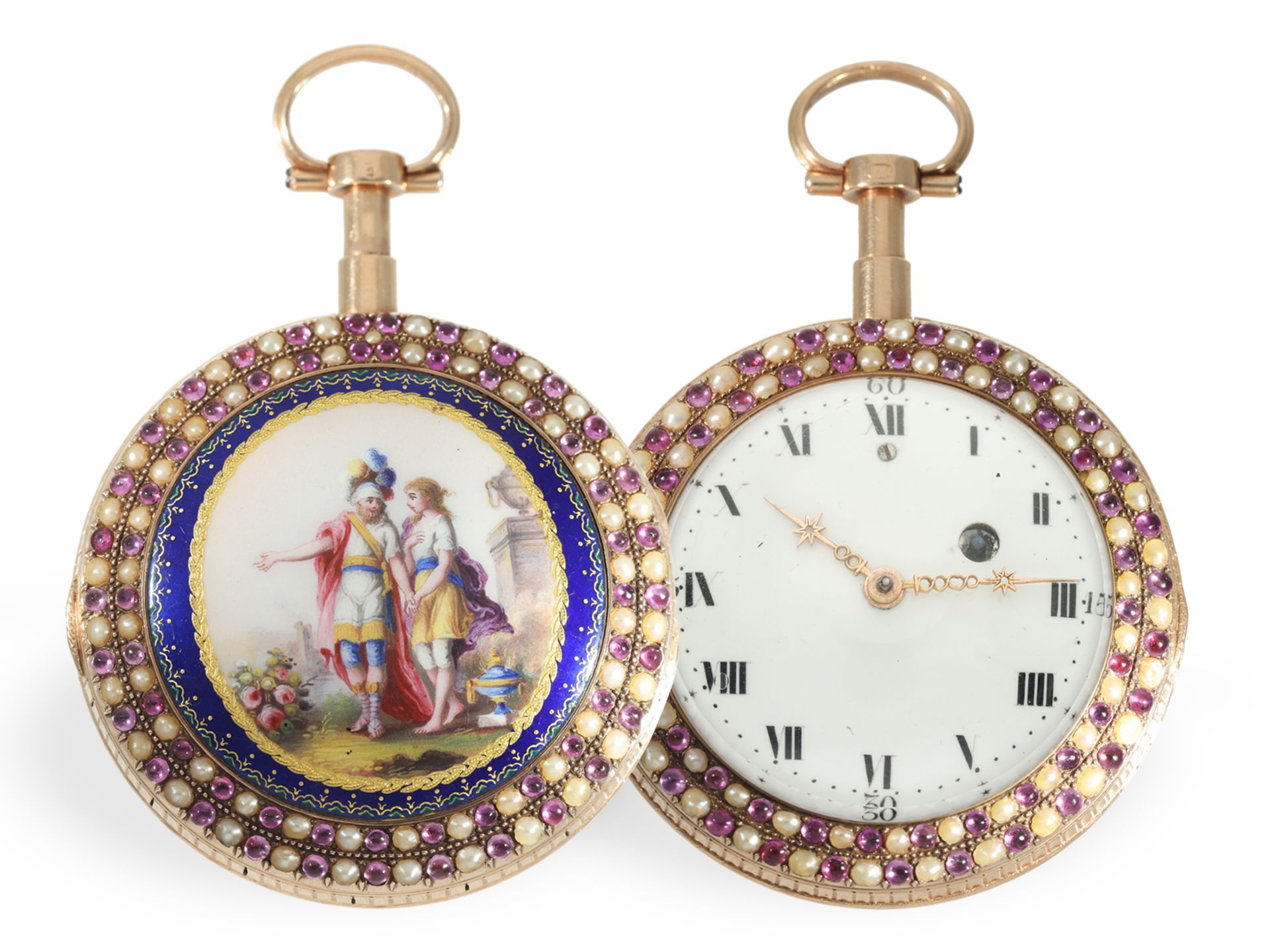 Taschenuhr: große, museale, bedeutende Gold/Emaille Spindeluhr mit Repetition ca. 1780