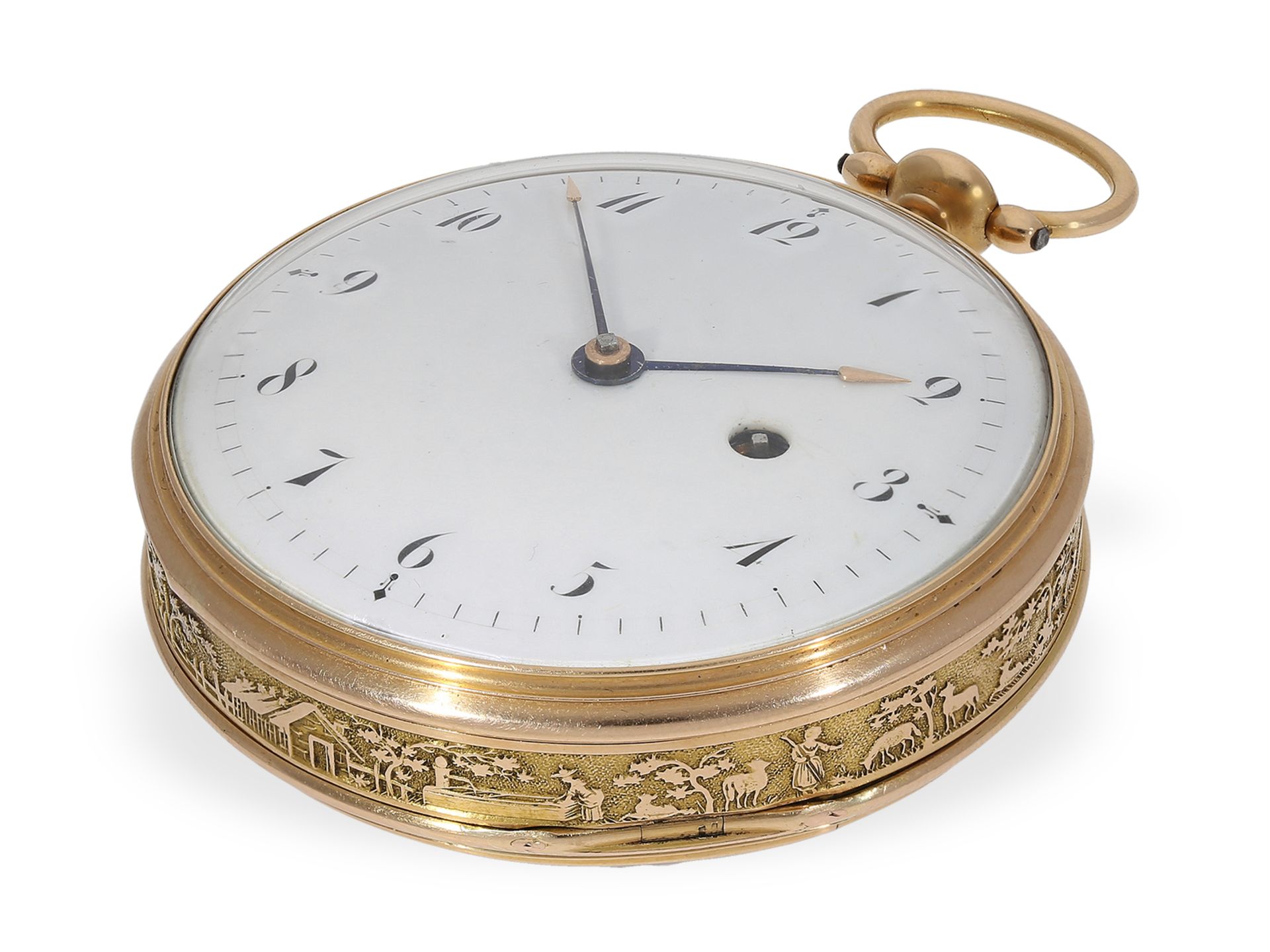 Taschenuhr: große, einzigartige Gold/Emaille-Taschenuhr mit Musikspielwerk, vermutlich Genf um 1800 - Bild 7 aus 9