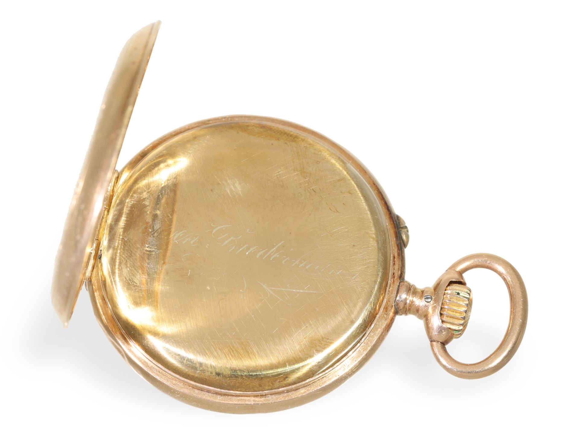 Taschenuhr: interessante, goldene IWC Herrenuhr mit fein gravierter Szene, ca. 1895 - Bild 7 aus 7