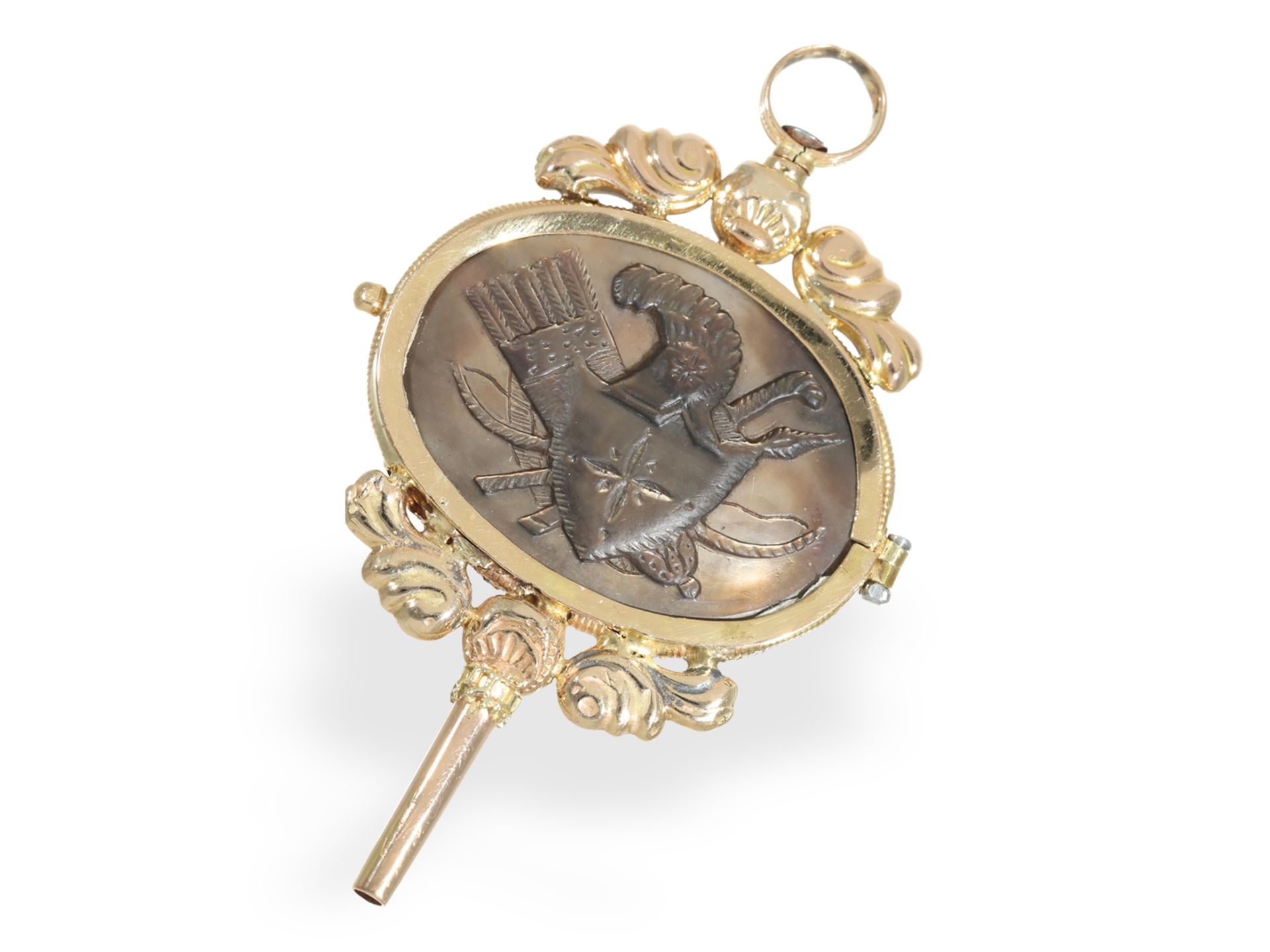Uhrenschlüssel: sehr seltener Prunkschlüssel mit 2 Perlmutt-Kameen, Gold, um 1820 - Bild 2 aus 2