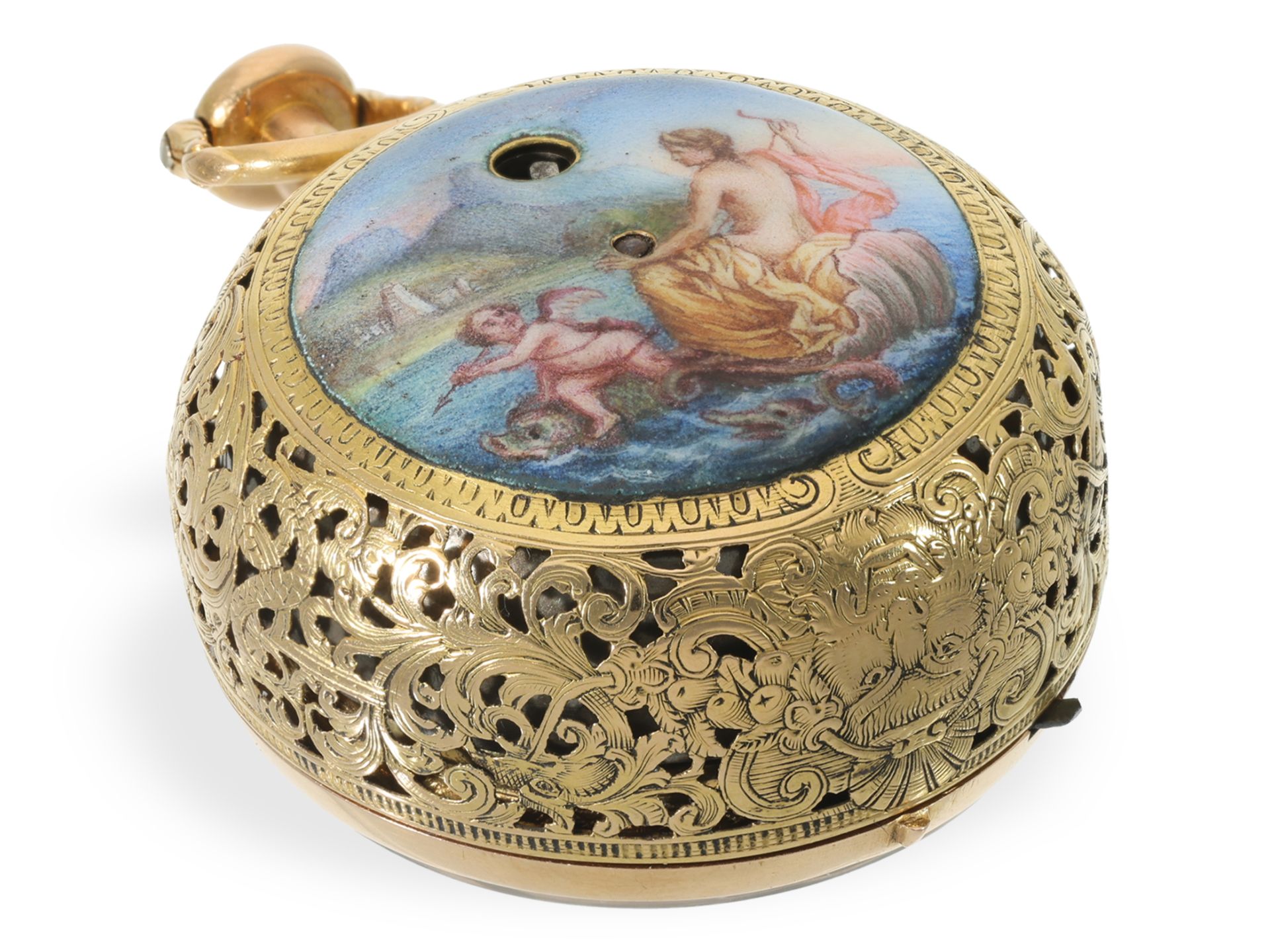 Important, museum-quality gold/enamel repoussé pocket watch with half-quarter repeater, A. Benson Lo - Image 5 of 15